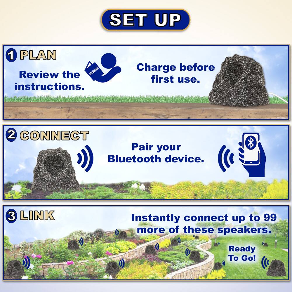 **SET UP**

1. **PLAN**  
   Review the instructions.  
   Charge before first use.

2. **CONNECT**  
   Pair your Bluetooth device.

3. **LINK**  
   Instantly connect up to 99 more of these speakers.  
   Ready To Go!