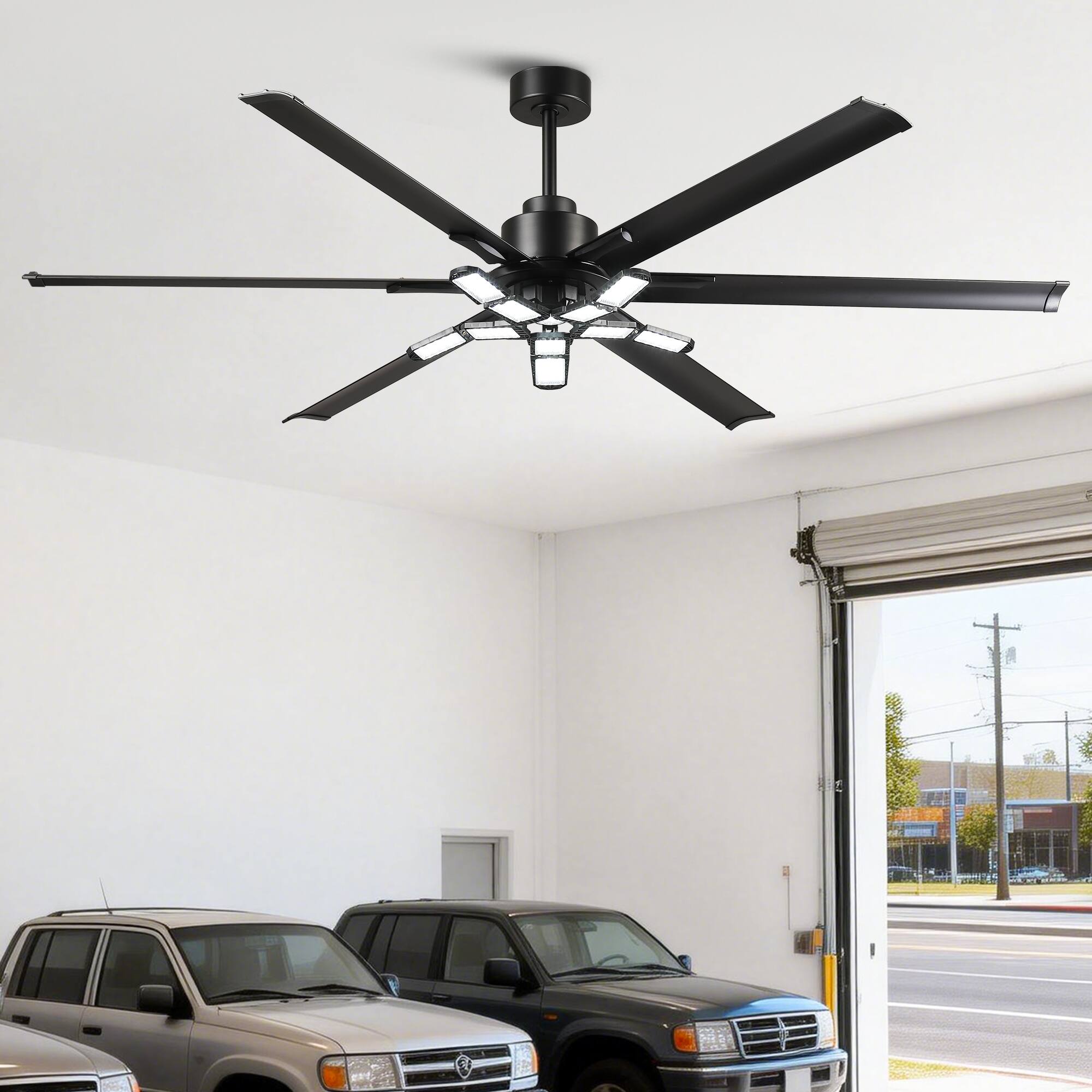 Front. Parrot Uncle - 84''Black Industrial HVLS Large Ceiling Fan with Foldable LED and Remote Control - Black.