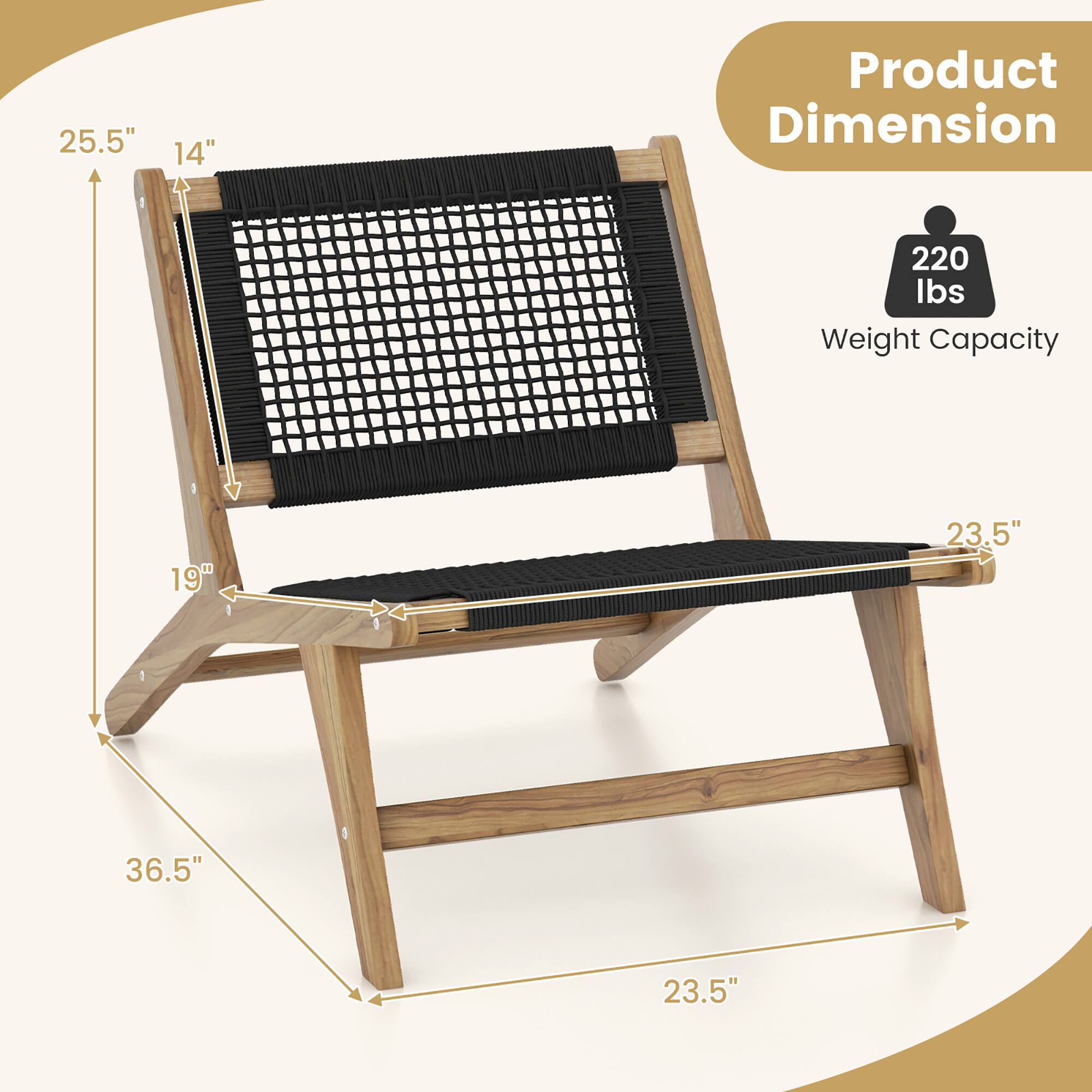Product Dimension

- 25.5" (height)
- 14" (width)
- 19" (depth)
- 36.5" (length)
- 23.5" (width of seat)

Weight Capacity: 220 lbs