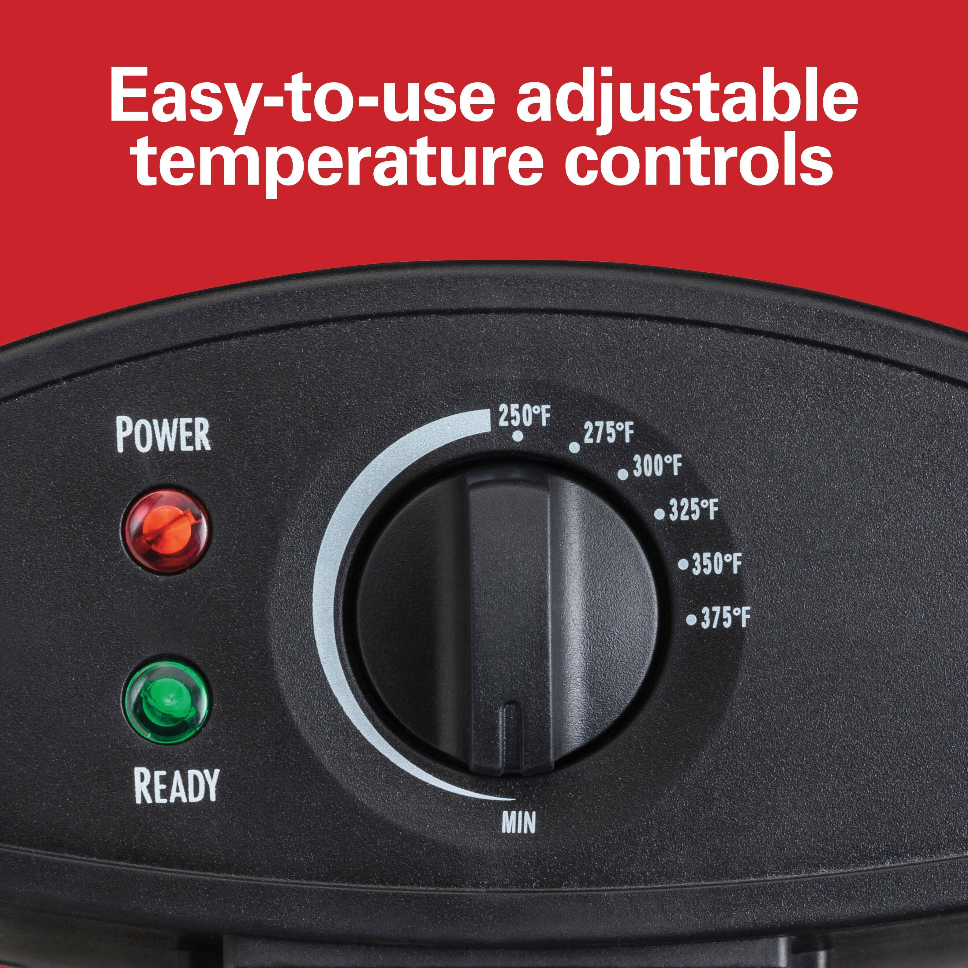 Easy-to-use adjustable temperature controls

POWER

250°F 275°F 300°F 325°F 350°F 375°F

READY

MIN