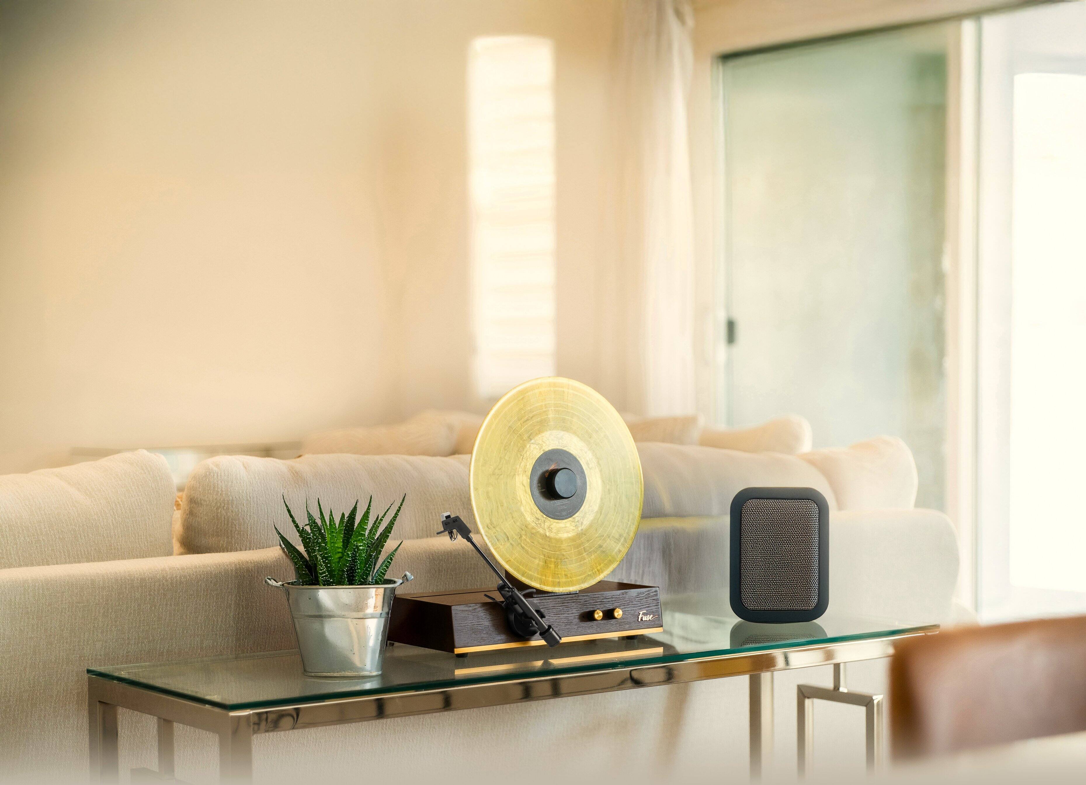 Alt View 3. Fuse Audio - Fuse GLD Vertical Turntable Record Player | BT, AUX | Audio Technica Needle | Real Ash Wood & Gold Trim - Ash Wood with Gold Trim.