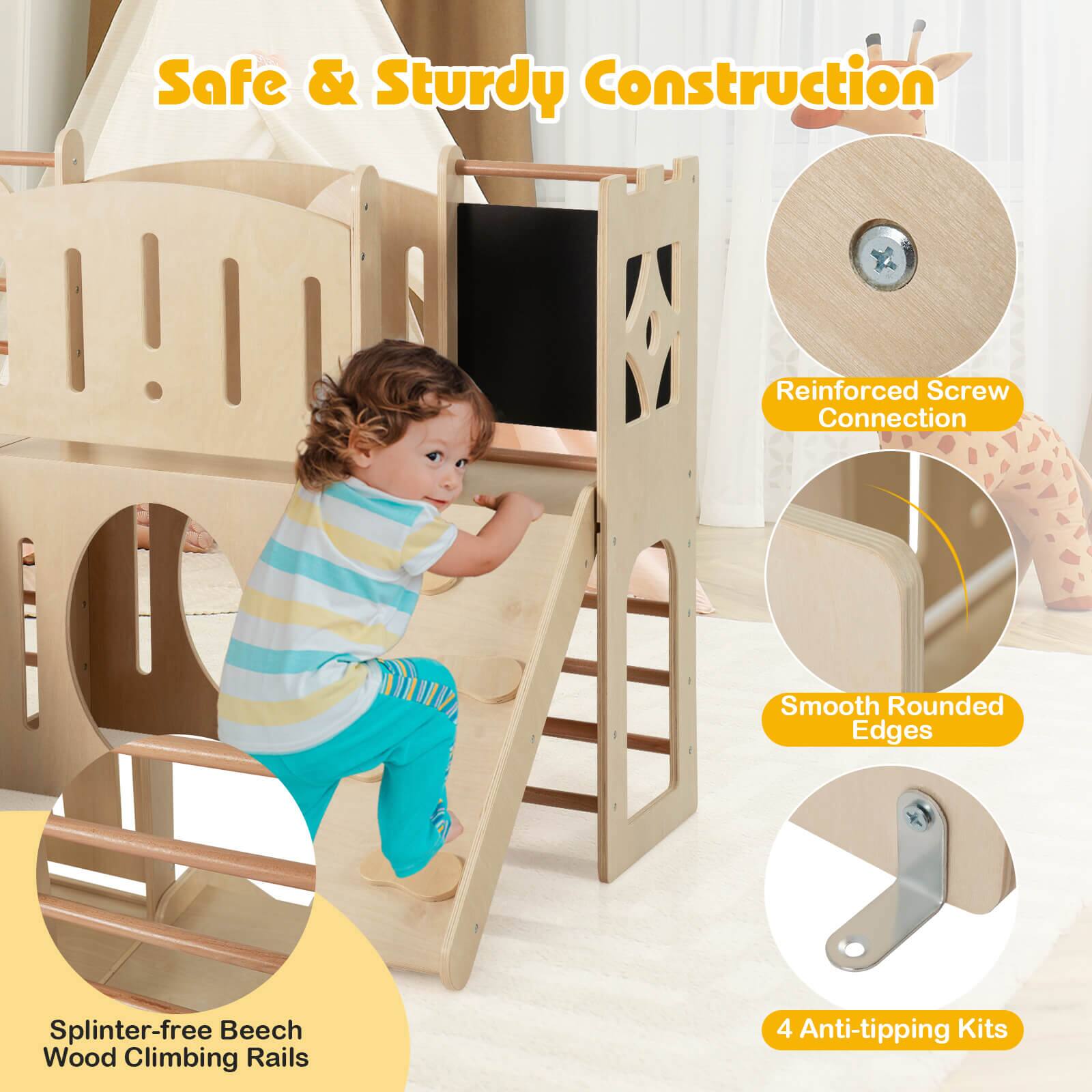Safe & Sturdy Construction

- Reinforced Screw Connection
- Smooth Rounded Edges
- Splinter-free Beech Wood Climbing Rails
- 4 Anti-tipping Kits