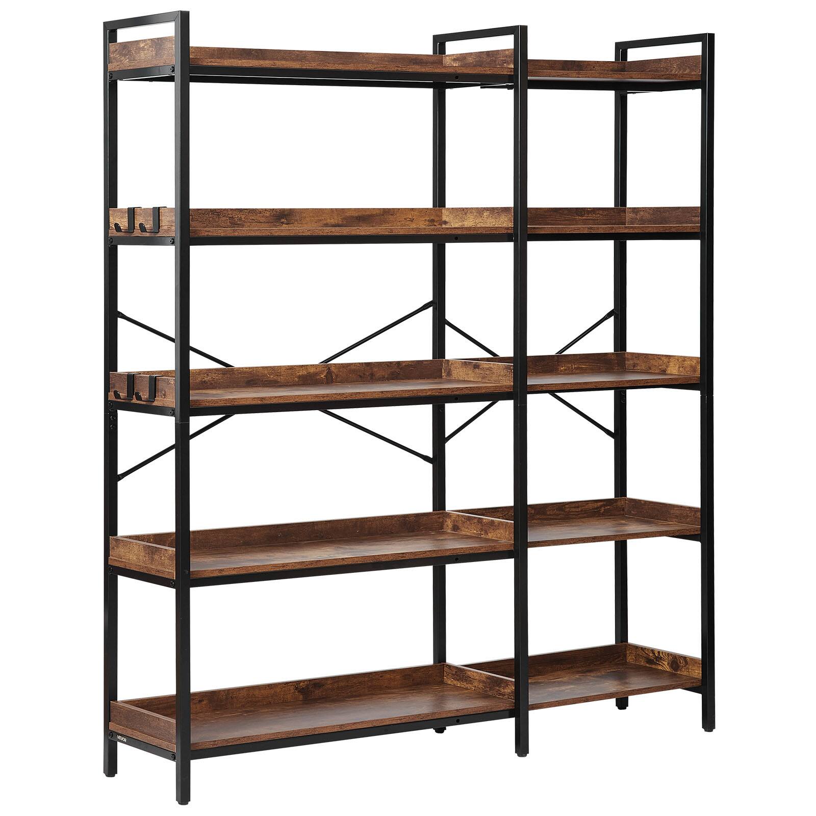 Alt View 5. VEVOR - 5 Tier 65.4" Tall Corner Bookshelf with 4 Hooks, Heavy Duty Metal Frame & Wooden Shelves, L Shaped Corner Display Shelf - Brown.