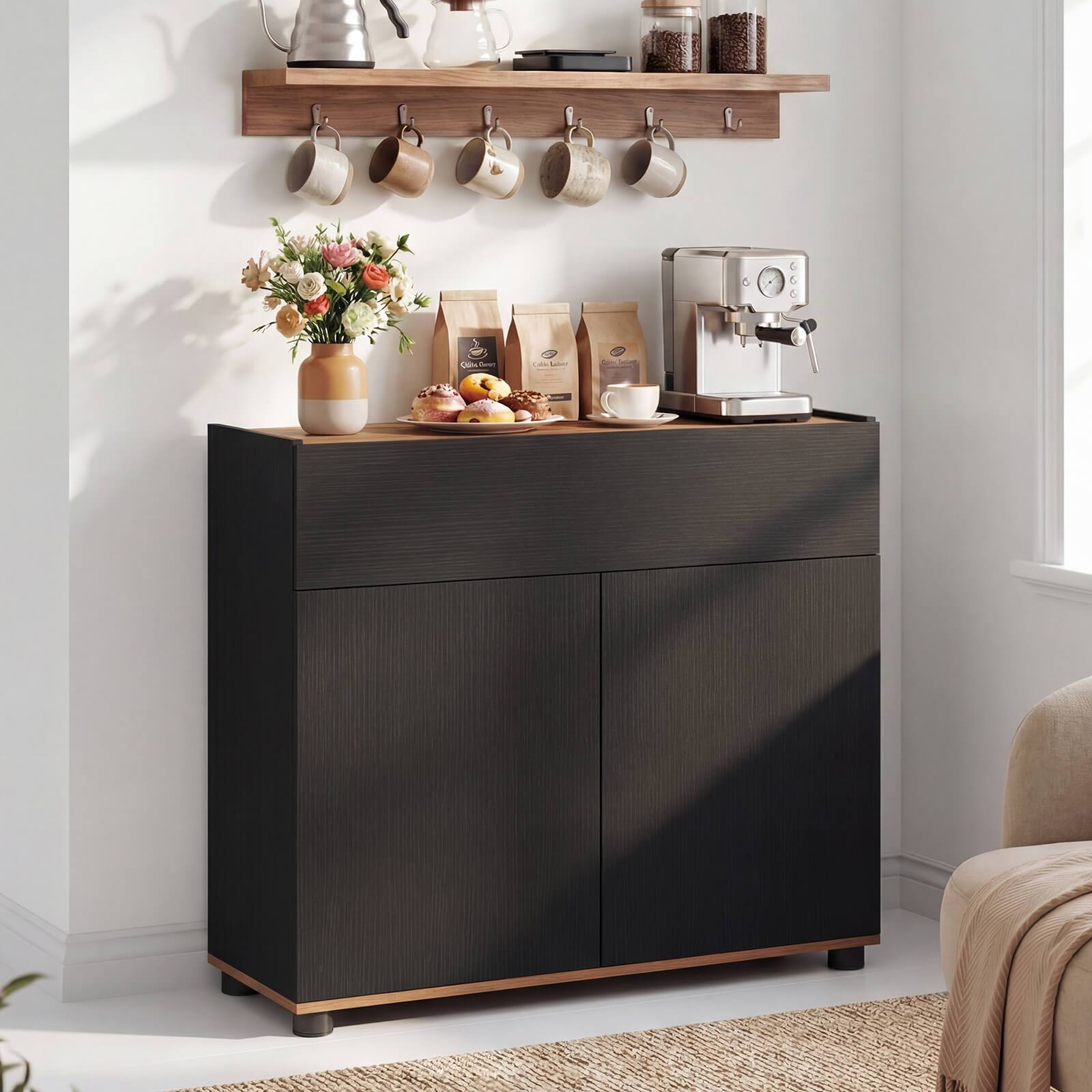 Alt View 5. Costway - Costway Sideboard Buffet Cabinet wirh Storage, Drawer and Push-to-Open Doors for Kitchen - Black.