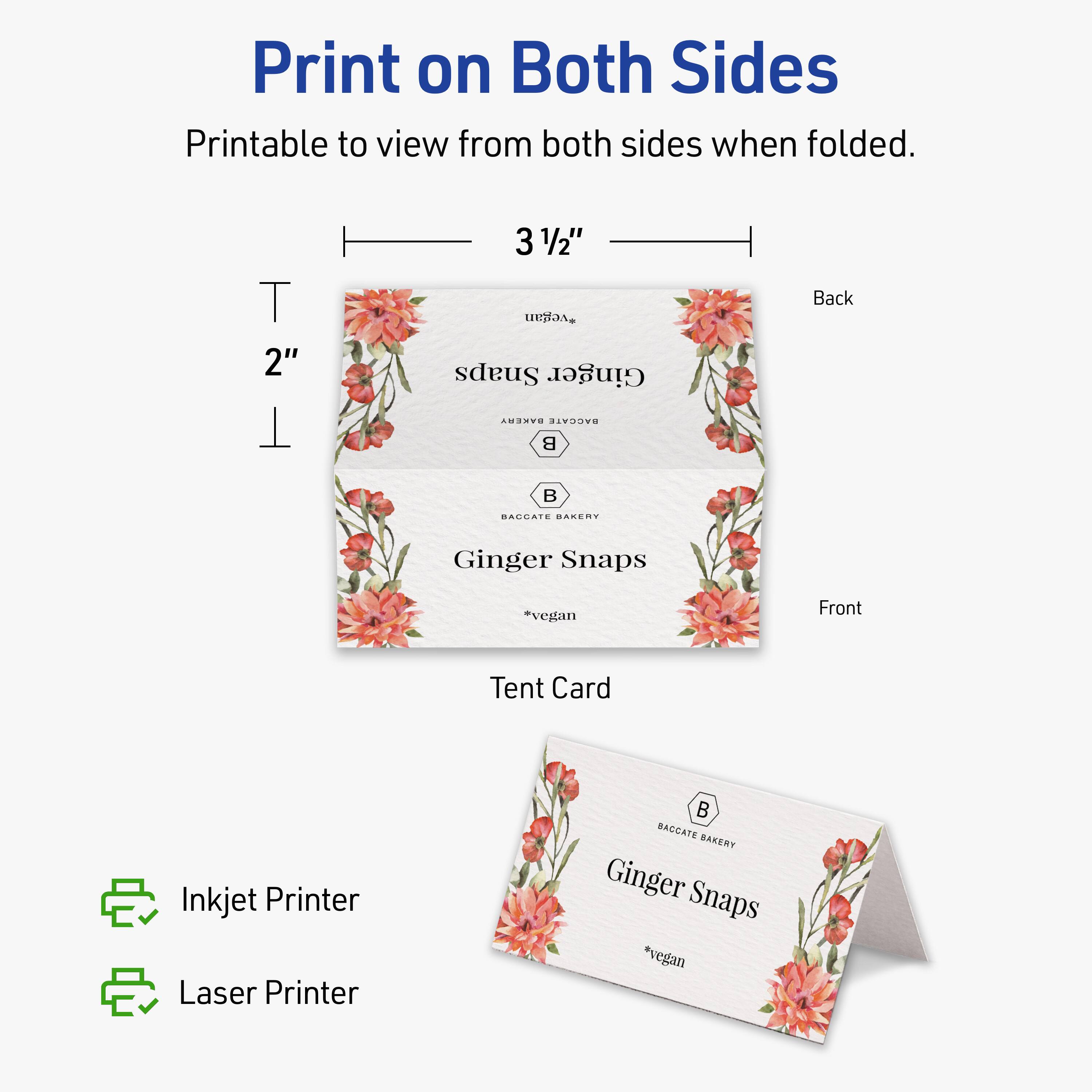 Print on Both Sides  
Printable to view from both sides when folded.  

3 1/2"  
2"  

Back  
Front  

Tent Card  

Ginger Snaps *vegan  

Inkjet Printer  
Laser Printer  

BACCATE BAKERY Ginger Snaps *vegan