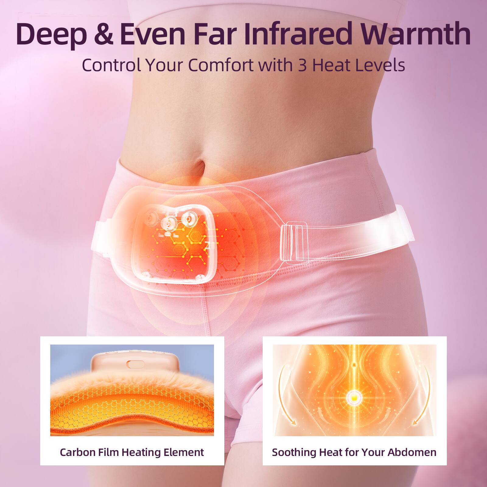 Deep & Even Far Infrared Warmth  
Control Your Comfort with 3 Heat Levels

Carbon Film Heating Element

Soothing Heat for Your Abdomen