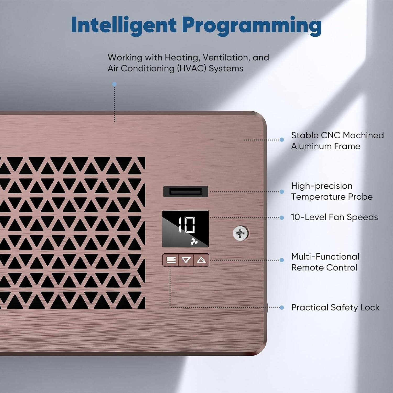 Intelligent Programming  
Working with Heating, Ventilation, and Air Conditioning (HVAC) Systems  

- Stable CNC Machined Aluminum Frame  
- High-precision Temperature Probe  
- 10-Level Fan Speeds  
- Multi-Functional Remote Control  
- Practical Safety Lock