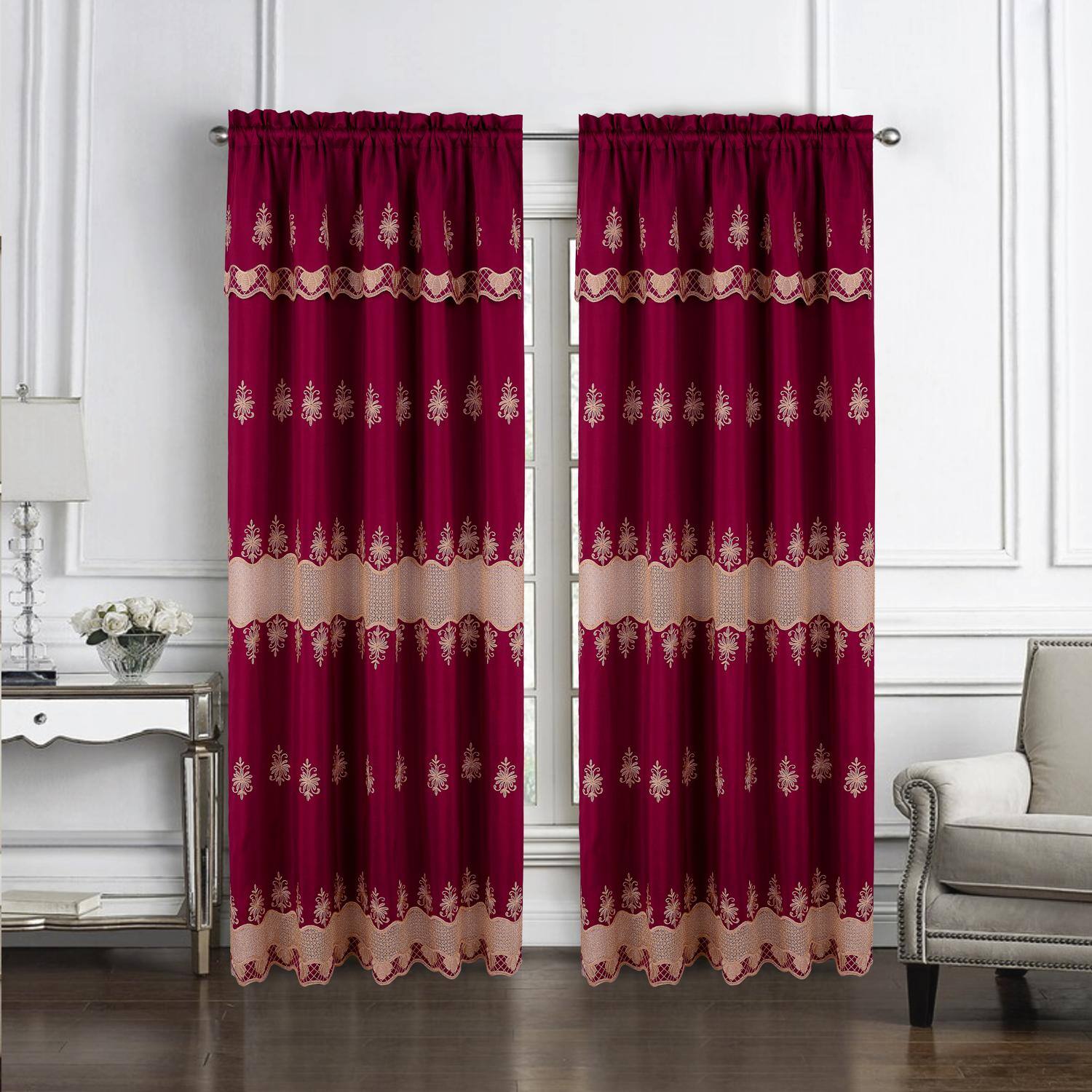 Angle. RT Designers Collection - RT Designers Collection Donna Macrame Construction 3" Rod Pocket Curtain Panel 54" x 90" Burgundy/Gold - Burg/gold.