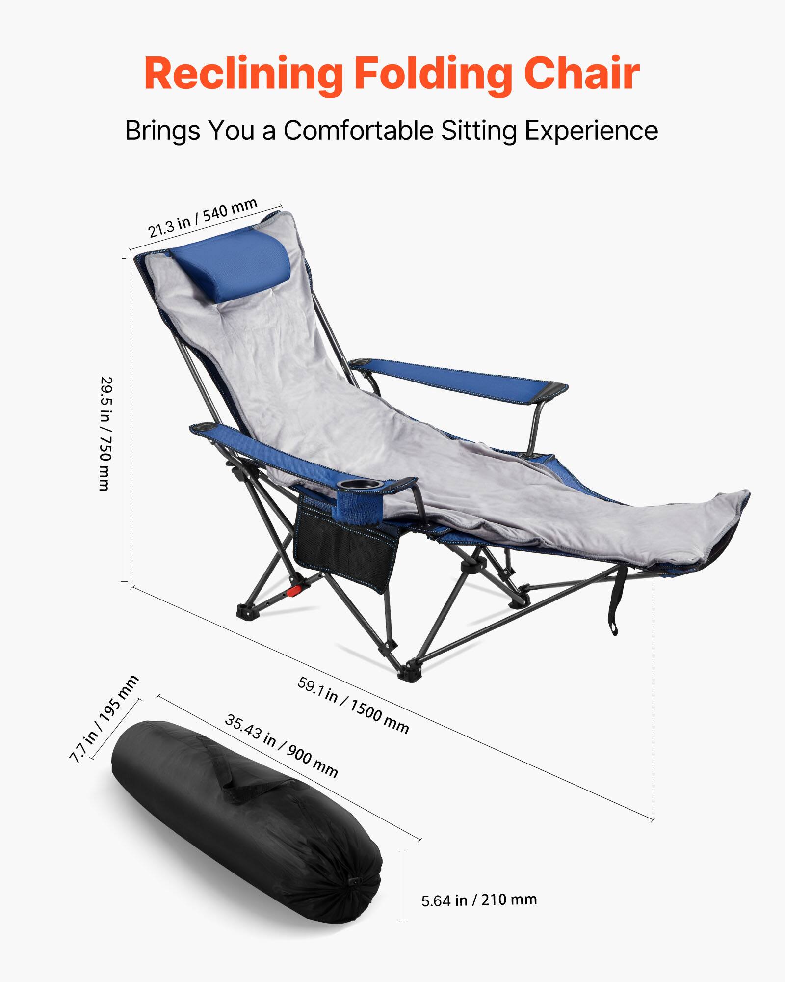 Reclining Folding Chair  
Brings You a Comfortable Sitting Experience  

- 21.3 in / 540 mm  
- 29.5 in / 750 mm  
- 7.7 in / 195 mm  
- 59.1 in / 1500 mm  
- 35.43 in / 900 mm  
- 5.64 in / 210 mm