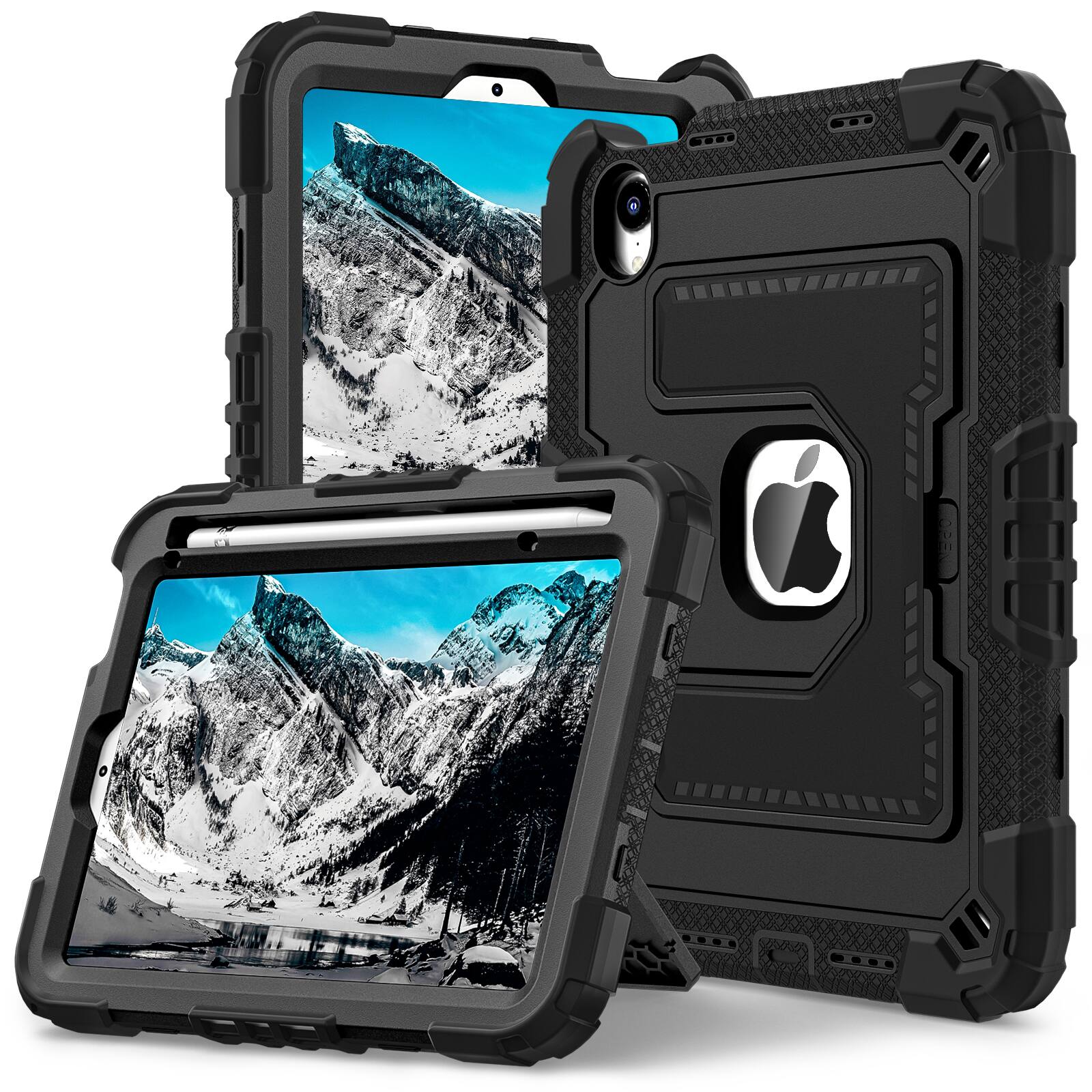 Angle. UUCOVER - Rugged Protective Case for iPad Mini A17 Pro 8.3" 2024/iPad Mini 6th Gen 2021 Shockproof Stand Cover with Shoulder Strap - Black.