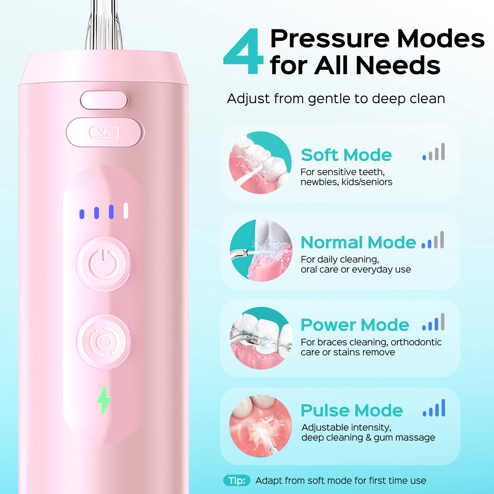 4 Pressure Modes for All Needs  
Adjust from gentle to deep clean  

Soft Mode  
For sensitive teeth, newbies, kids/seniors  

Normal Mode  
For daily cleaning, oral care or everyday use  

Power Mode  
For braces cleaning, orthodontic care or stains remove  

Pulse Mode  
Adjustable intensity, deep cleaning & gum massage  

Tip: Adapt from soft mode for first time use