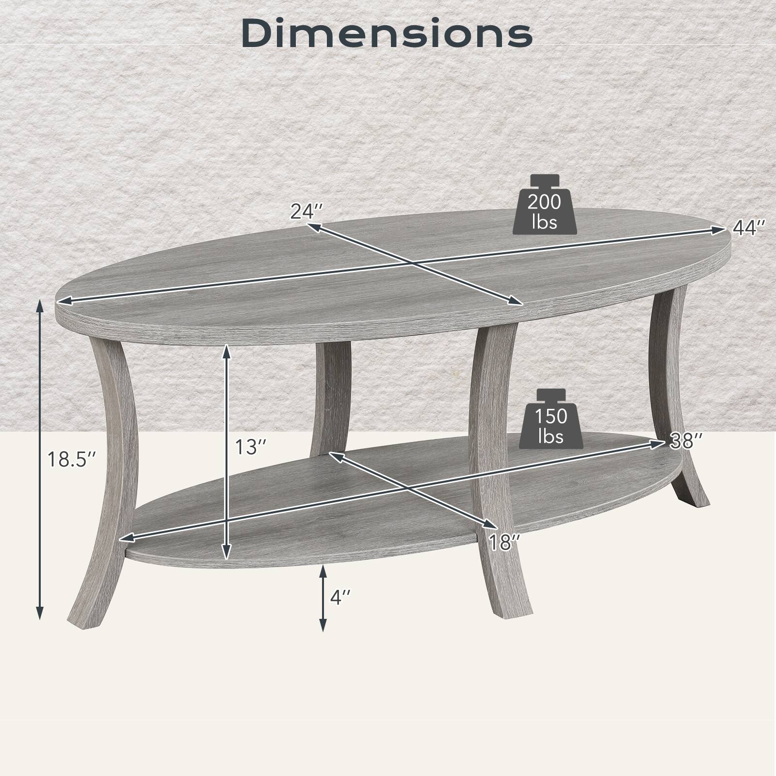 Dimensions  
24" x 44" x 18.5" x 13" x 4"  
200 lbs  
150 lbs  
38" x 18"