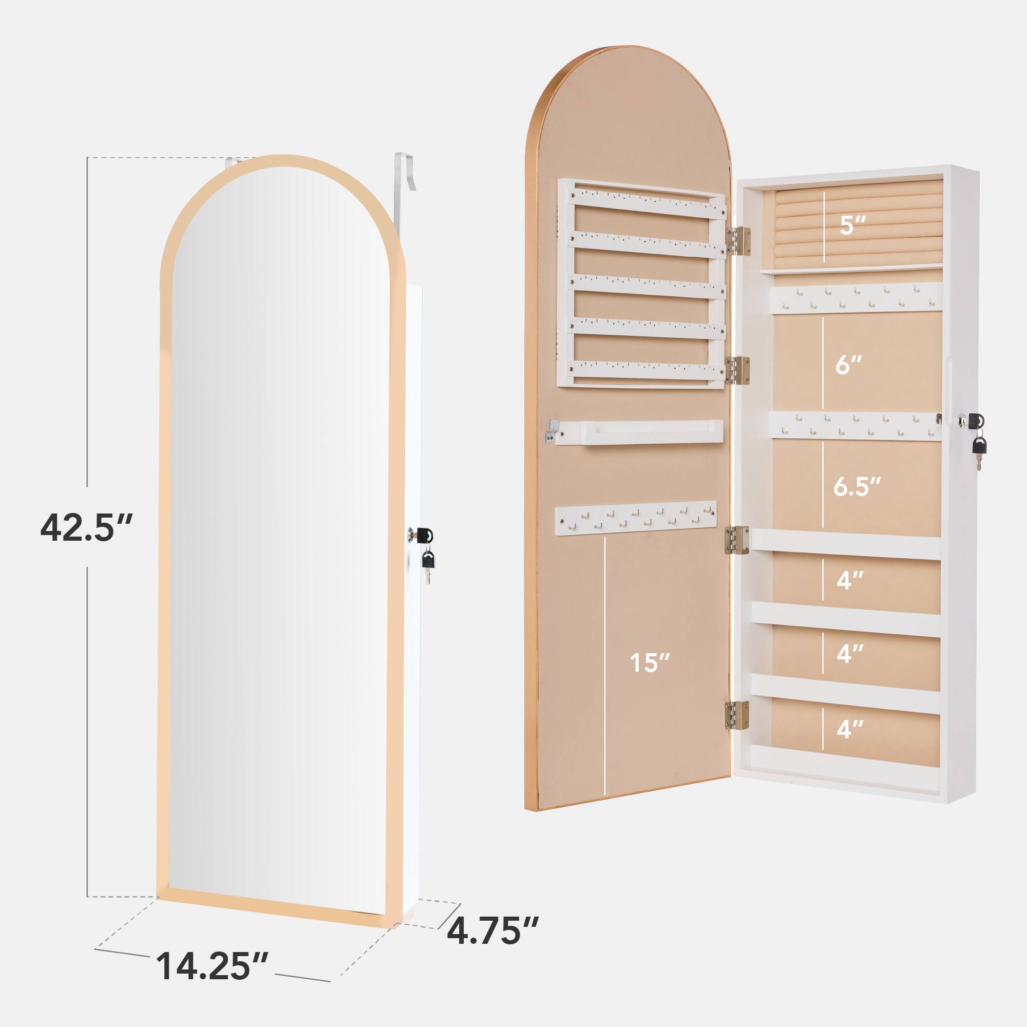 The corrected and grouped measurements from the image are:

- Height: 42.5"
- Width: 15"
- Depth: 4.75"
- Top shelf: 6.5"
- Middle shelves: 4" each
- Bottom shelf: 5"
- Overall width of the door: 4.25"