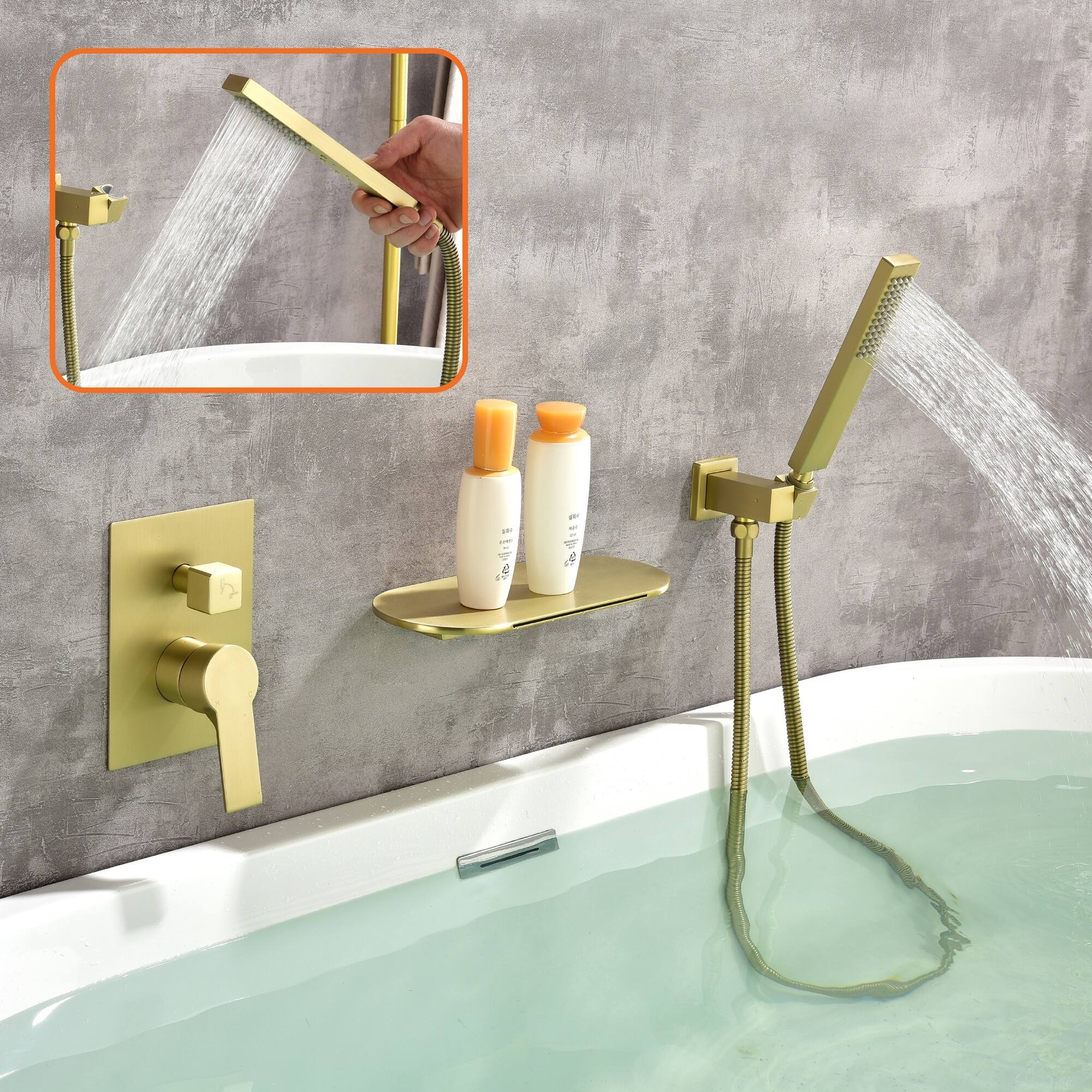Alt View 4. Boyel Living - Brushed Gold Wall Mount Bathtub Faucet Brass SUS304 2-Function Valve Waterfall Spout Handheld 60-Inch Hose cUPC - Brushed Gold.