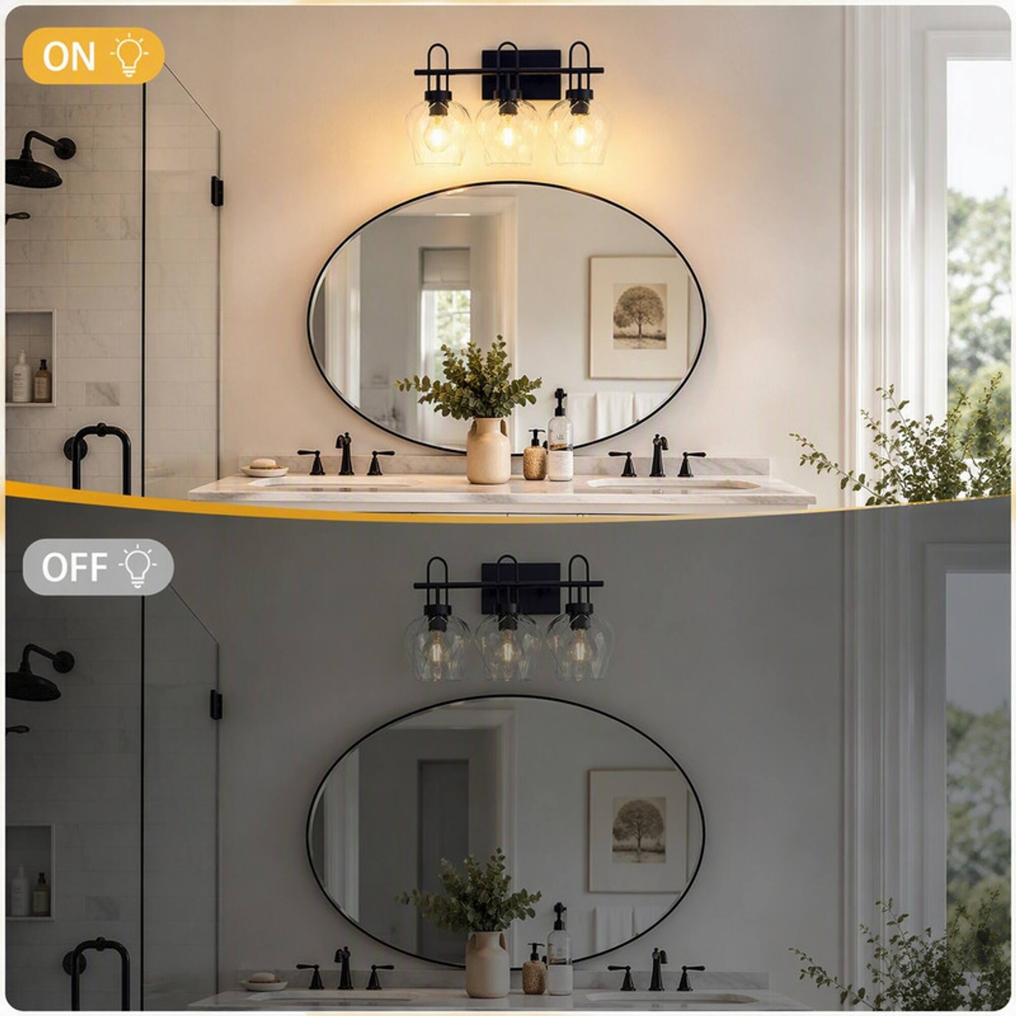 Alt View 1. RYHNUYNE - Black 3‑Light Bathroom Vanity Light,Wall Sconce with Clear Glass Shade for Bathroom - Black.