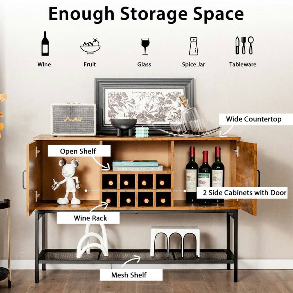 Enough Storage Space

- Wine
- Fruit
- Glass
- Spice Jar
- Tableware

Wide Countertop

Open Shelf

Wine Rack

2 Side Cabinets with Door

Mesh Shelf