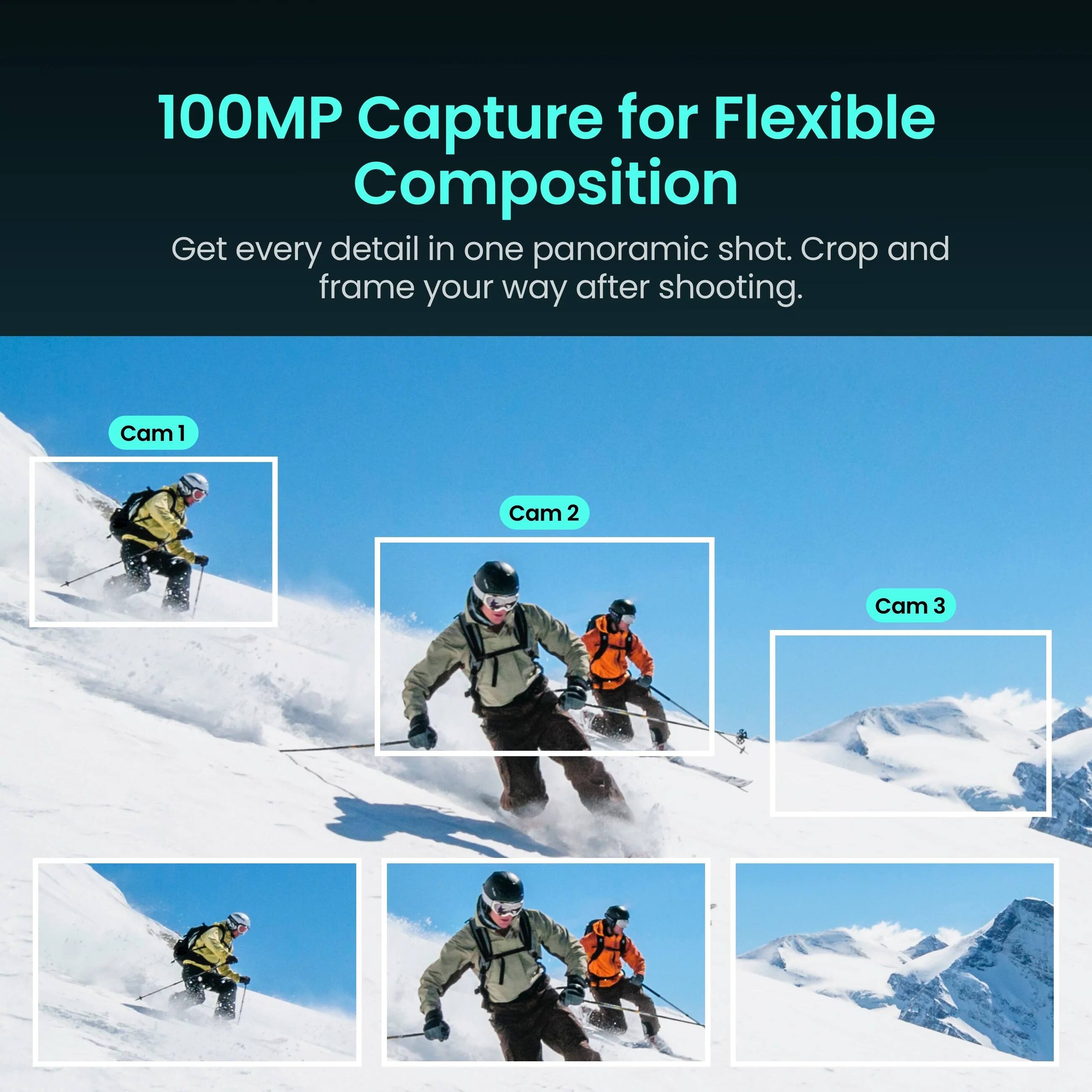 100MP Capture for Flexible Composition  
Get every detail in one panoramic shot. Crop and frame your way after shooting.  

Cam 1  
Cam 2  
Cam 3