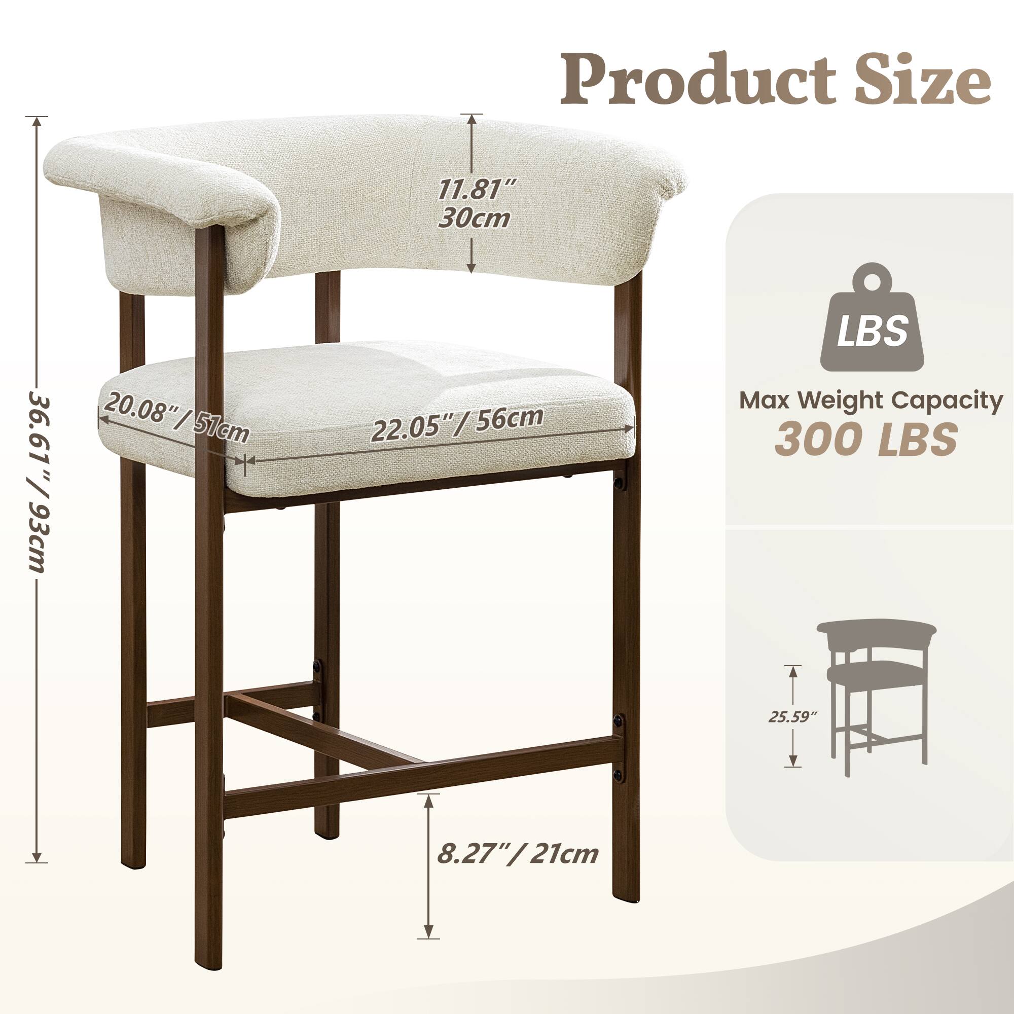 Product Size  
11.81" / 30cm  
20.08" / 51cm  
22.05" / 56cm  
36.61" / 93cm  
8.27" / 21cm  

Max Weight Capacity  
300 LBS