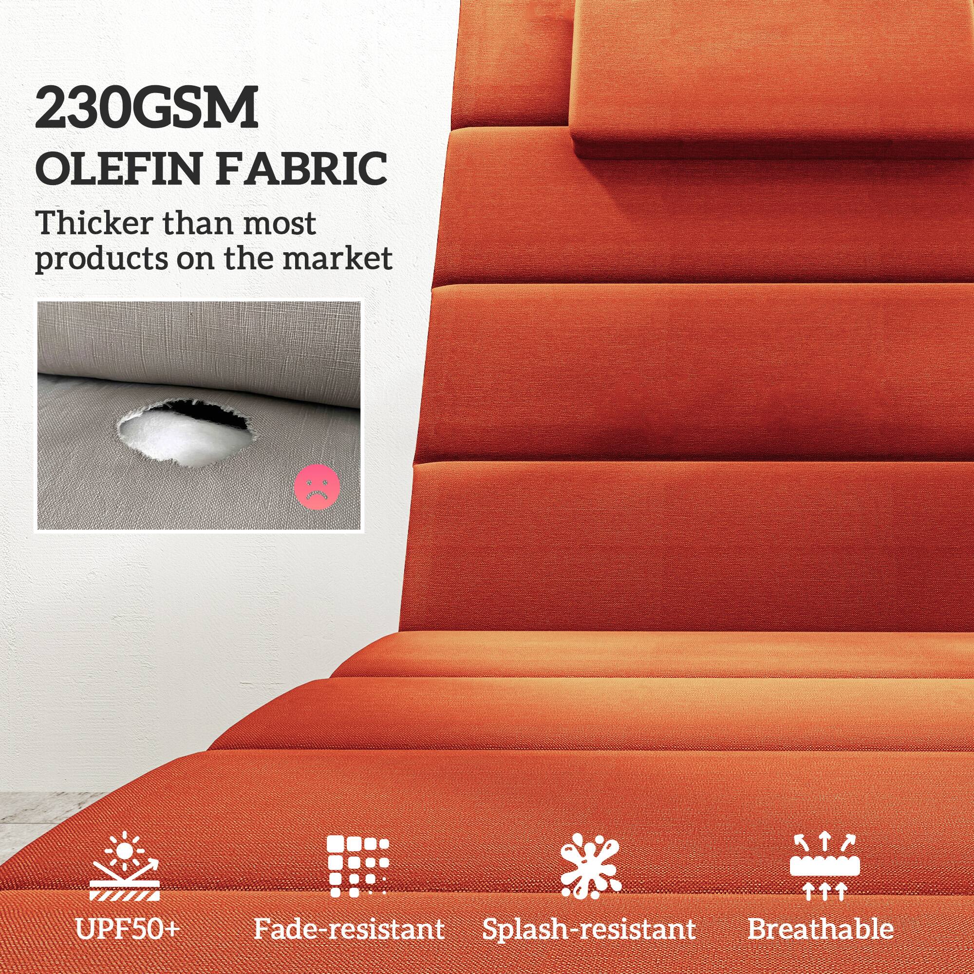230GSM OLEFIN FABRIC  
Thicker than most products on the market  

UPF50+  
Fade-resistant  
Splash-resistant  
Breathable