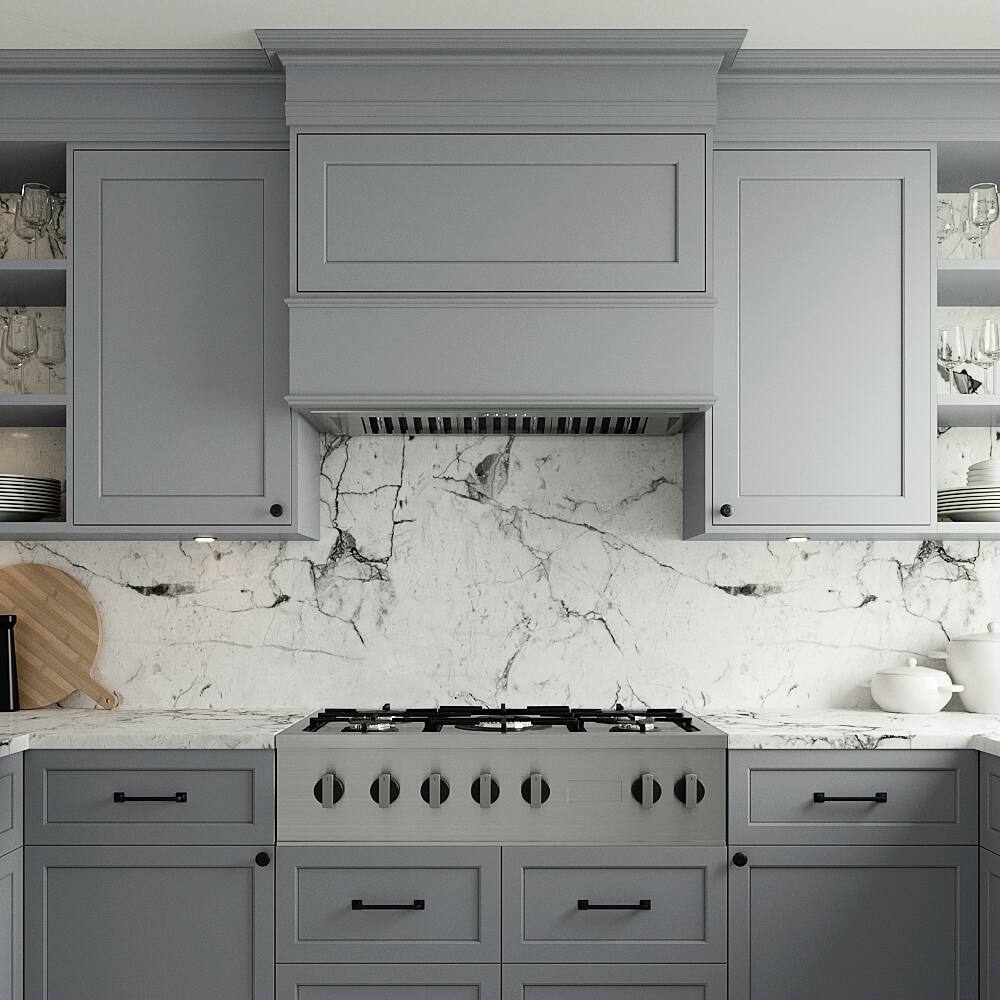 Left. Streamline - 34 in. Pescara Ducted Insert 350 CFM Range Hood, Baffle Filters, Electronic Button Control, LED Light - Brushed Stainless Steel.