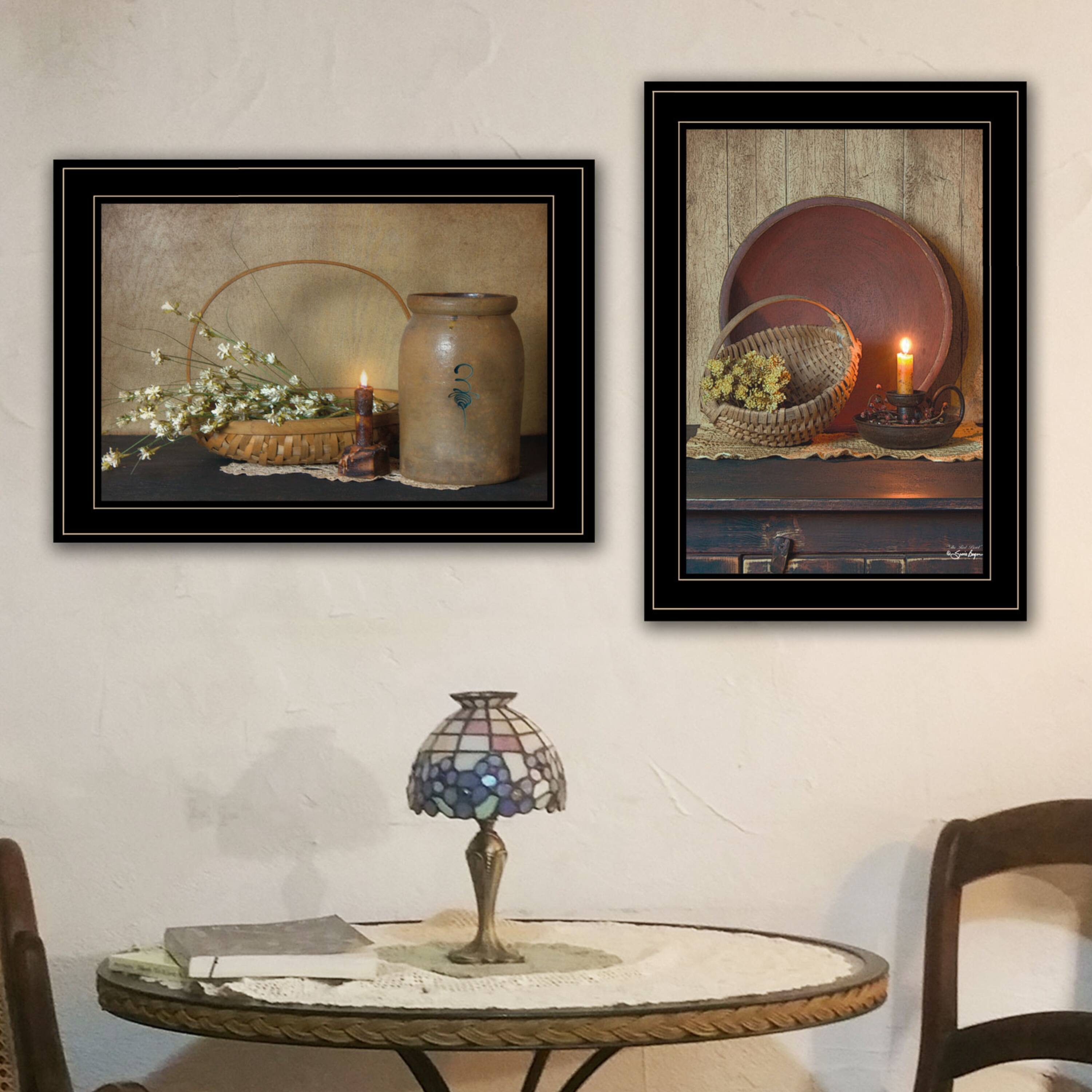 Left. TinyHomie - Candle Light Flowers 2 Piece Vignette By Susie Boyer Ready to Hang Framed Print Black Frame.