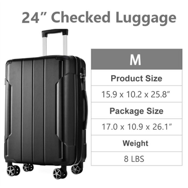 24" Checked Luggage  
M  
Product Size: 15.9 x 10.2 x 25.8"  
Package Size: 17.0 x 10.9 x 26.1"  
Weight: 8 LBS