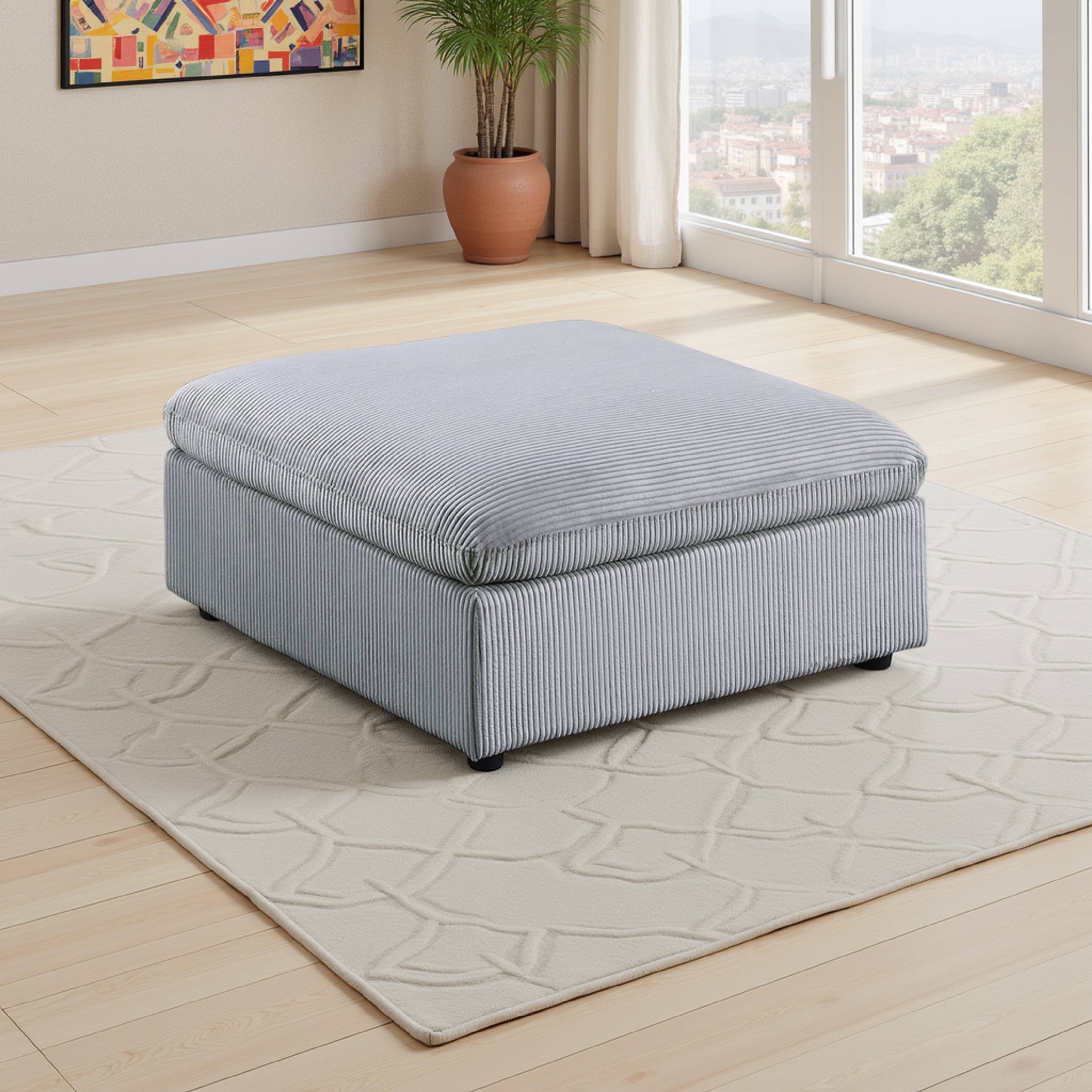 Alt View 5. Manhattan Lane - Joana Cocktail Ottoman, Light Gray Corduroy, Modular Square 39 Inch - Gray, Black.