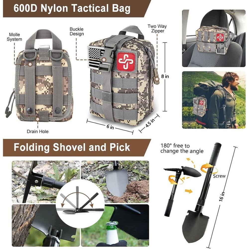 600D Nylon Tactical Bag  
- Molle System  
- Buckle Design  
- Two Way Zipper  
- 8 in  
- 6 in  
- 4.5 in  
- Drain Hole  

Folding Shovel and Pick  
- 180° free to change the angle  
- Screw  
- 16 in