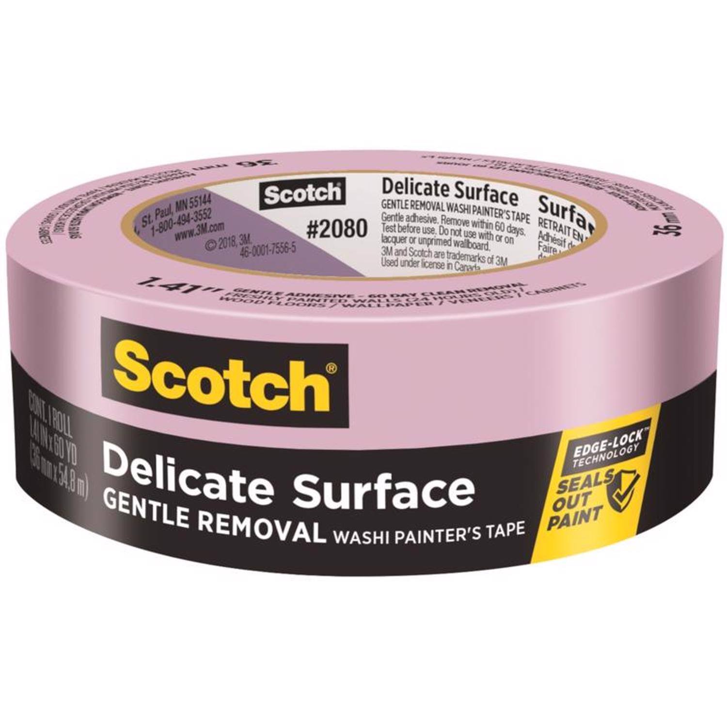 Scotch Delicate Surface MN 55144 GENTLE REMOVAL WASHI St. Paul, Gentle adhesive. Remove PAINTER'S TAPE Surface FL 1-800-494-3552 www.3M.com #2080 Test before use. Do not use within 60 days. RETRAIT EN 36 2018. 3M lacquer or unprimed or on Adhesif 46-0001-7556-5 3M and walboard. Faire d Scotch are trademarks Used under license of 3M in Canada 141H WO0D GENTLE PAINTED VENEERS LPAPER CONT! Scotch LANT TROLL 60 YO TECHNOLOGY EDGE-LOCK 548 m) Delicate GENTLE Surface OUT SEALS REMOVAL TAPE PAINT WASHI PAINTER'S