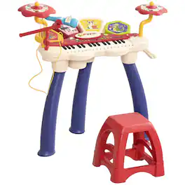 Qaba - 2-in-1 Kids Piano Keyboard with Drum Set, 32-Key Electronic Instrument with Multiple Sounds, Lights, Microphone, Stool