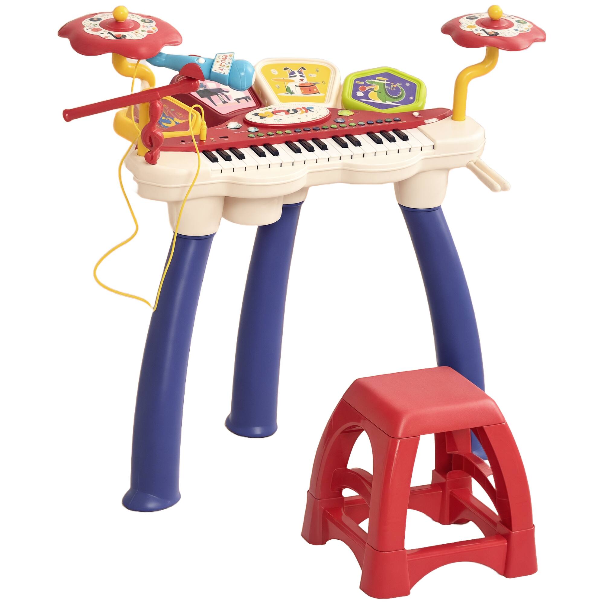 Front. Qaba - 2-in-1 Kids Piano Keyboard with Drum Set, 32-Key Electronic Instrument with Multiple Sounds, Lights, Microphone, Stool.