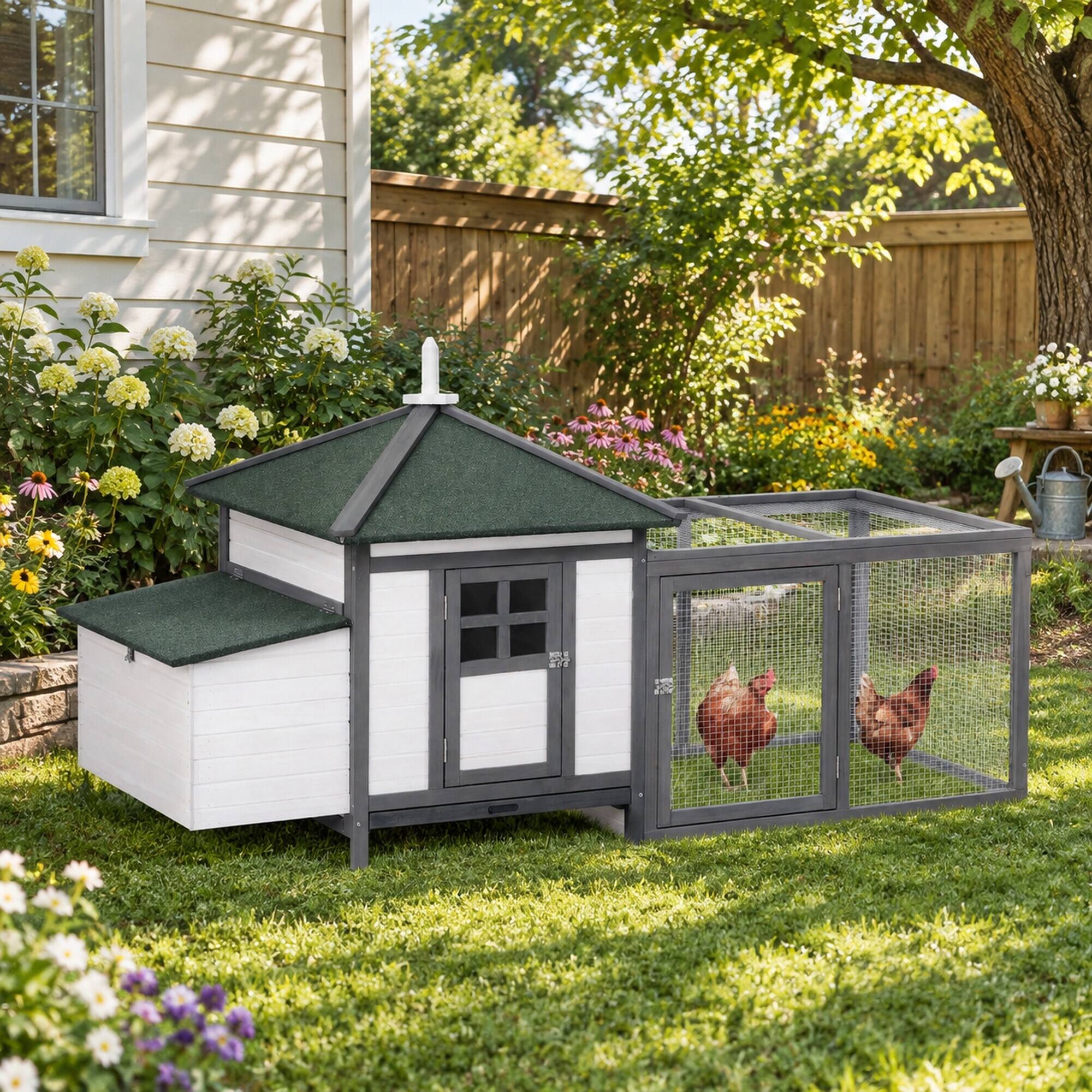 Alt View 1. RYHNUYNE - 77 in Wooden Chicken Coop, Fir Wood Hen House, Nesting Box, Removable Tray, Ramp Run, Gray.