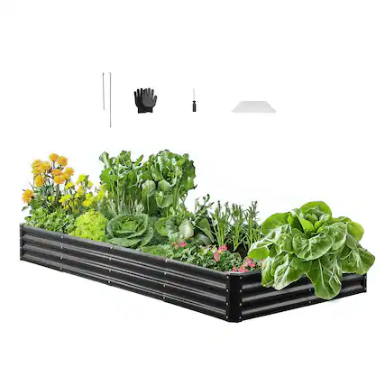Front. VEVOR - Metal Raised Garden Bed, 8 x 4 x 1 ft Outdoor Galvalume Planter Garden Box, Open Bottom Design, Large Planter Raised Bed - Gray.
