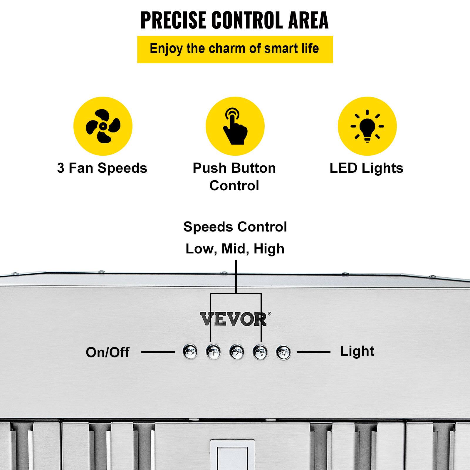 PRECISE CONTROL AREA  
Enjoy the charm of smart life

3 Fan Speeds  
Push Button Control  
LED Lights  
Speeds Control Low, Mid, High  
VEVOR  
On/Off  
Light