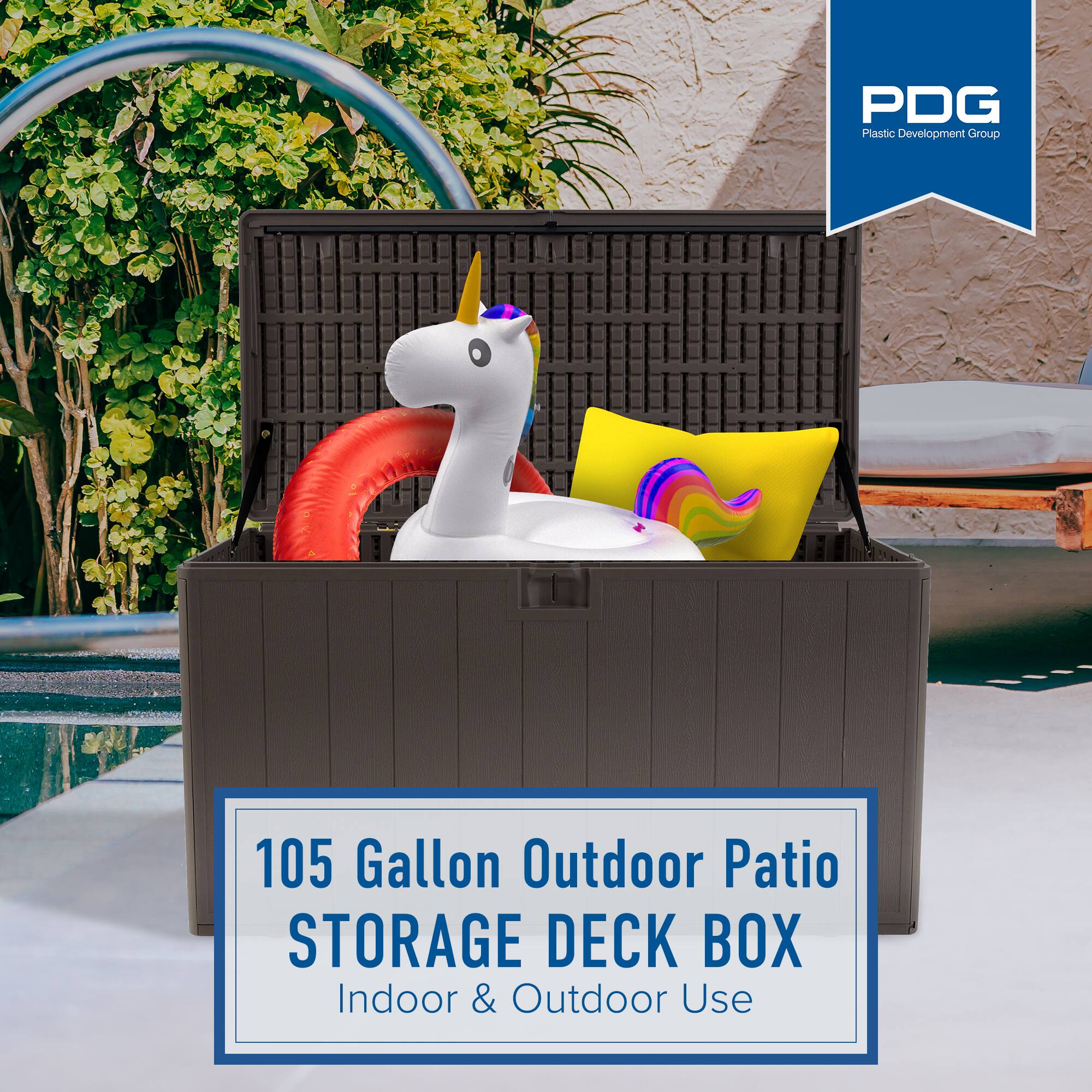 PDG Plastic Development Group

105 Gallon Outdoor Patio STORAGE DECK BOX

Indoor & Outdoor Use