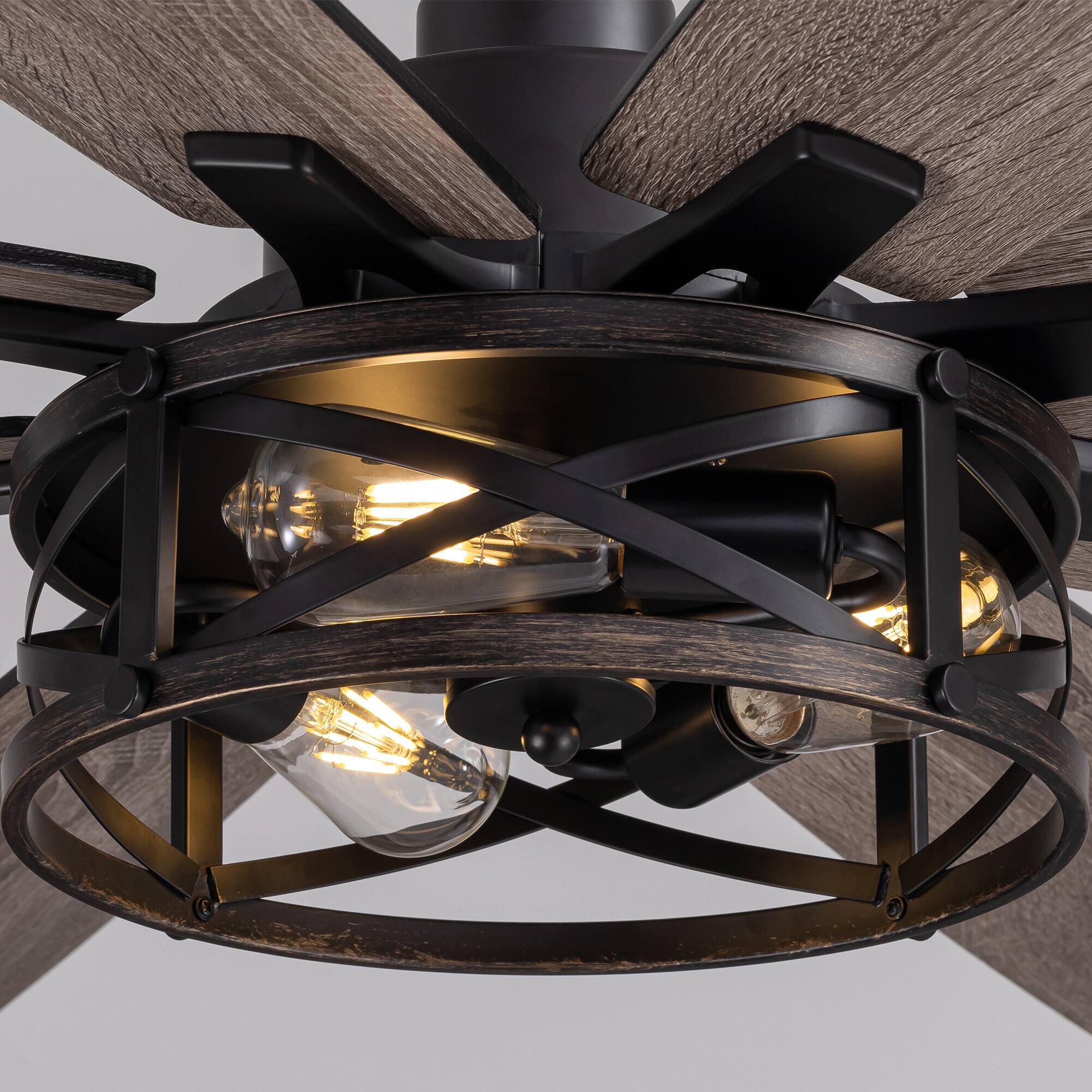 Alt View 4. Siljoy - 72-Inch Industrial Caged Ceiling Fan with Light - 8 Weathered Gray Blades, Reversible Motor & Adjustable Downrod Mount.