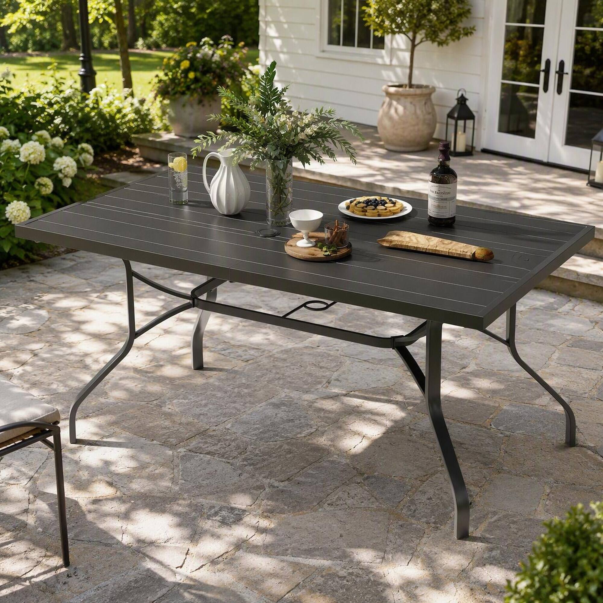 Angle. RYHNUYNE - 60" Rectangle Outdoor Patio Dining Table,Metal Outdoor Table With Umbrella Hole for Garden Backyard Poolside - Black.