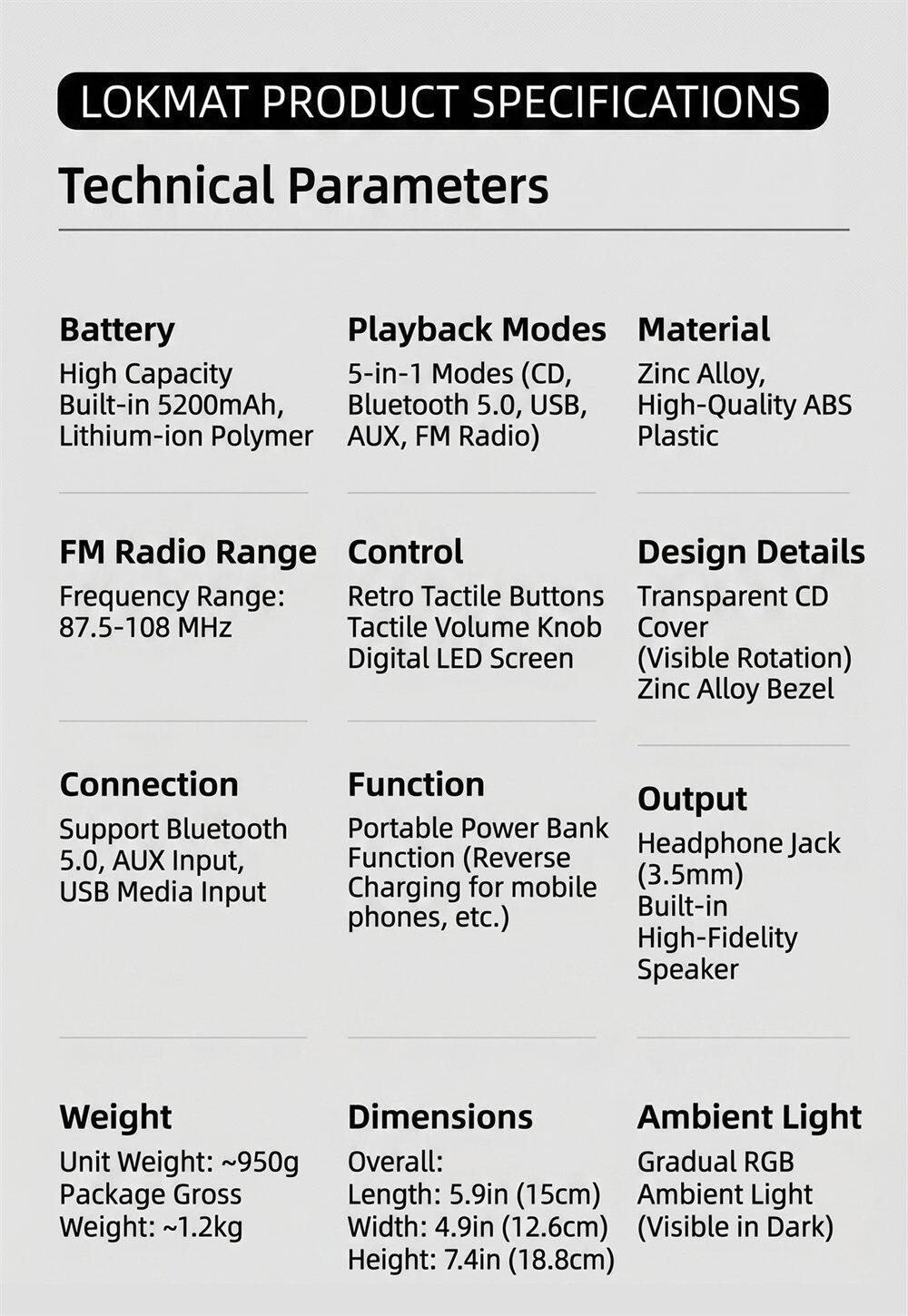 LOKMAT PRODUCT SPECIFICATIONS

Technical Parameters

Battery
- High Capacity
- Built-in 5200mAh, Lithium-ion Polymer

Playback Modes
- 5-in-1 Modes (CD, Bluetooth 5.0, USB, AUX, FM Radio)

Material
- Zinc Alloy, High-Quality ABS Plastic

FM Radio Range
- Frequency Range: 87.5-108 MHz

Control
- Retro Tactile Buttons
- Tactile Volume Knob
- Digital LED Screen (Visible Rotation)

Design Details
- Transparent CD Cover
- Zinc Alloy Bezel

Connection
- Support Bluetooth 5.0, AUX Input, USB Media Input

Function
- Portable Power Bank Function (Reverse)
- Charging for mobile phones, etc.
- Built-in High-Fidelity Speaker

Weight
- Unit Weight: ~950g
- Package Gross Weight: ~1.2kg

Dimensions
- Overall: Length: 5.9in (15cm), Width: 4.9in (12.6cm), Height: 7.4in (18.8cm)

Ambient Light
- Gradual RGB Ambient Light (Visible in Dark)