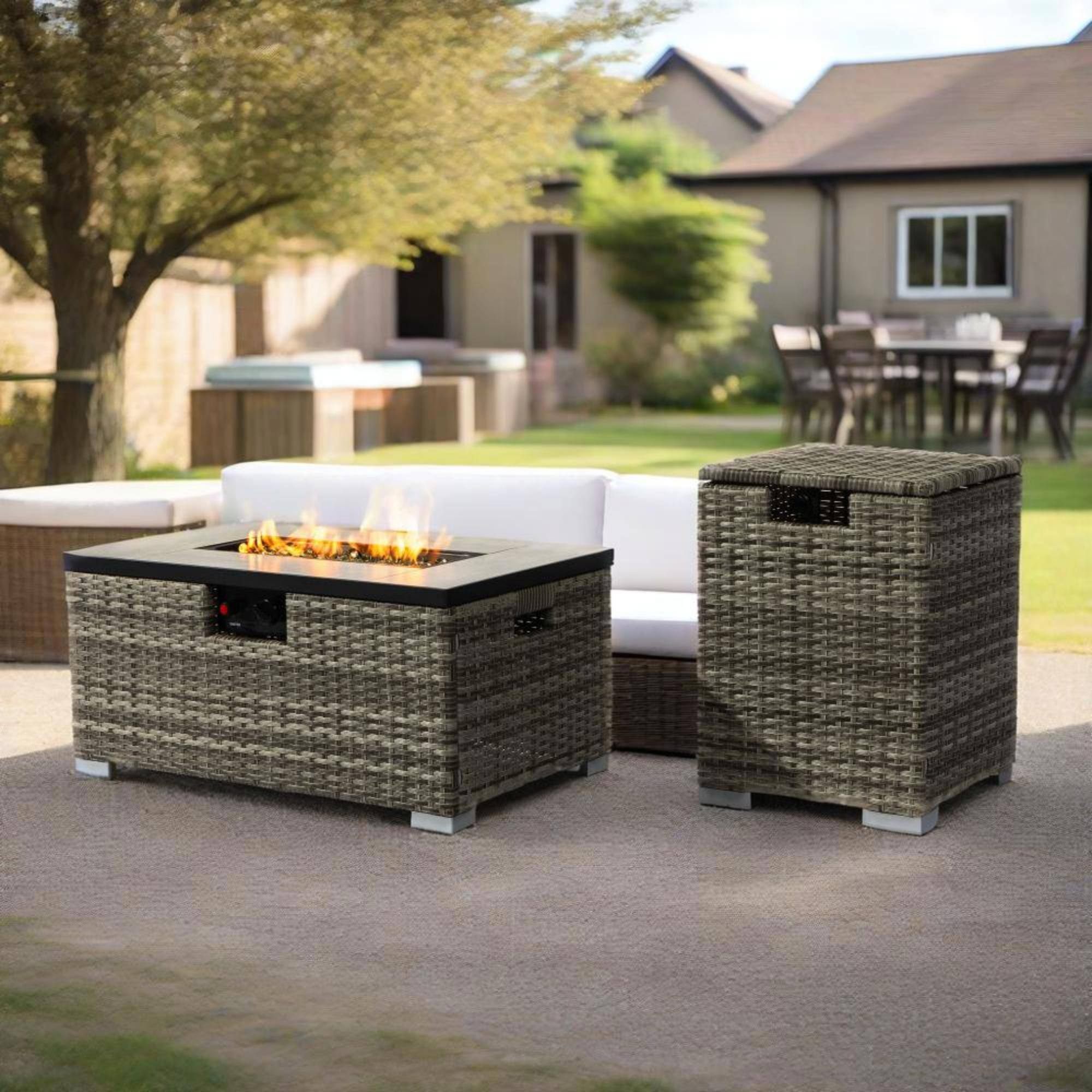 Alt View 6. Spaco - 32" Propane Fire Pit Table with Tank Cover, 50000 BTU Rectangular Steel Firepit with Wicker Base - Beige.