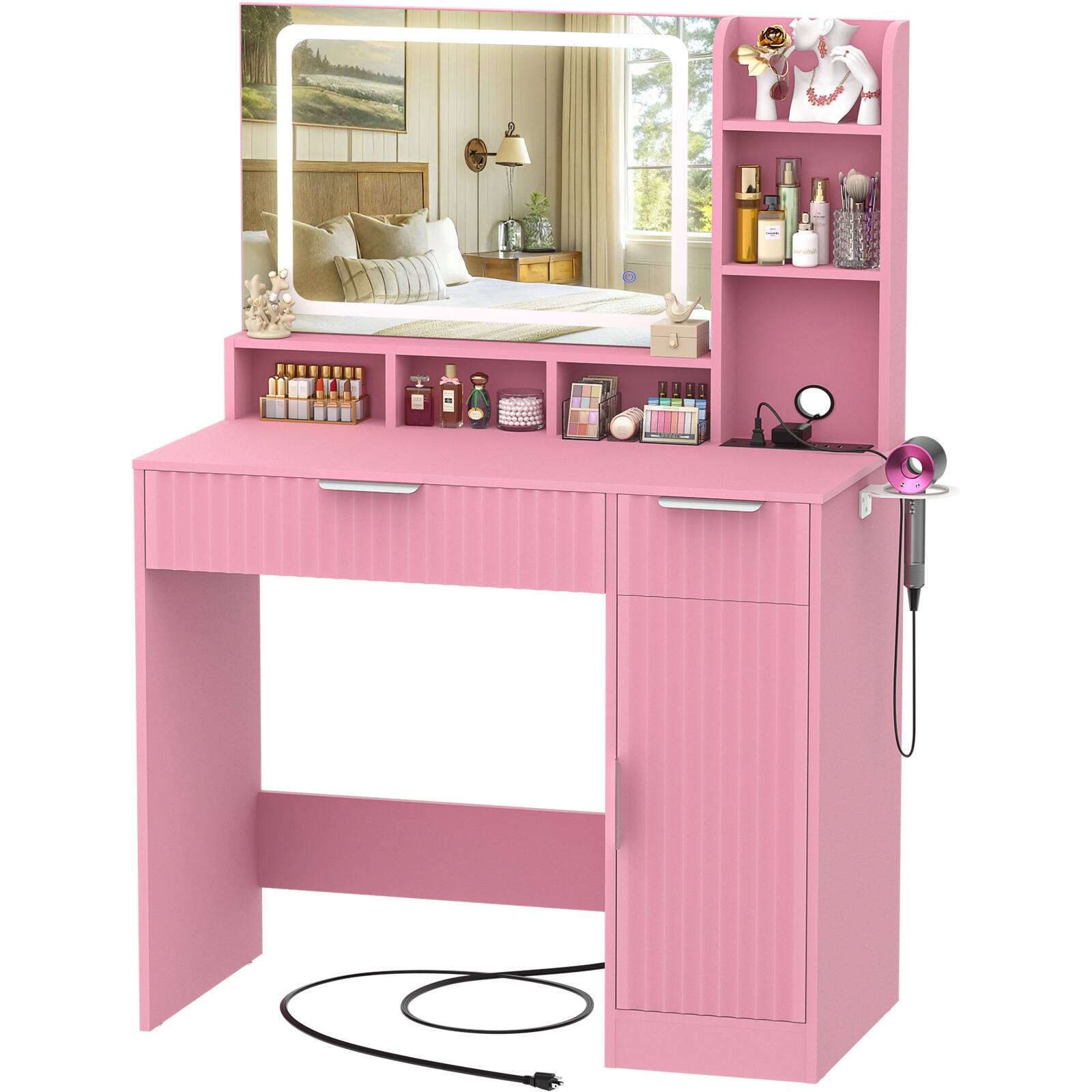 Alt View 4. Aheaplus - Fluted Makeup Vanity Desk with Lighted Mirror and Drawers, Wooden Vanity Table with Outlets and Storage Cabinet - Pink.