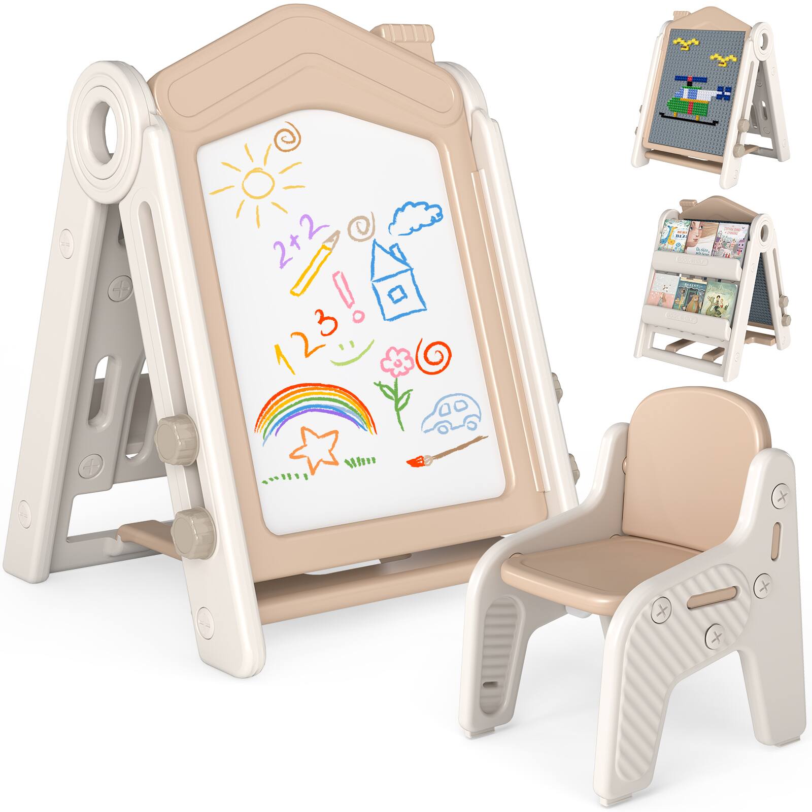 Sugift - 3-in-1 Foldable Kids Easel Double-Sided Tabletop Easel with Chair