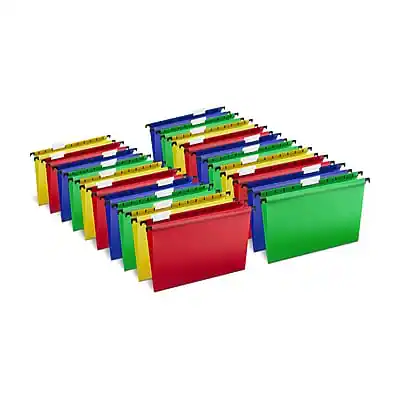 Front. Staples - Hanging File Folder, 5-Tab, Letter Size, 20/Box - Assorted.