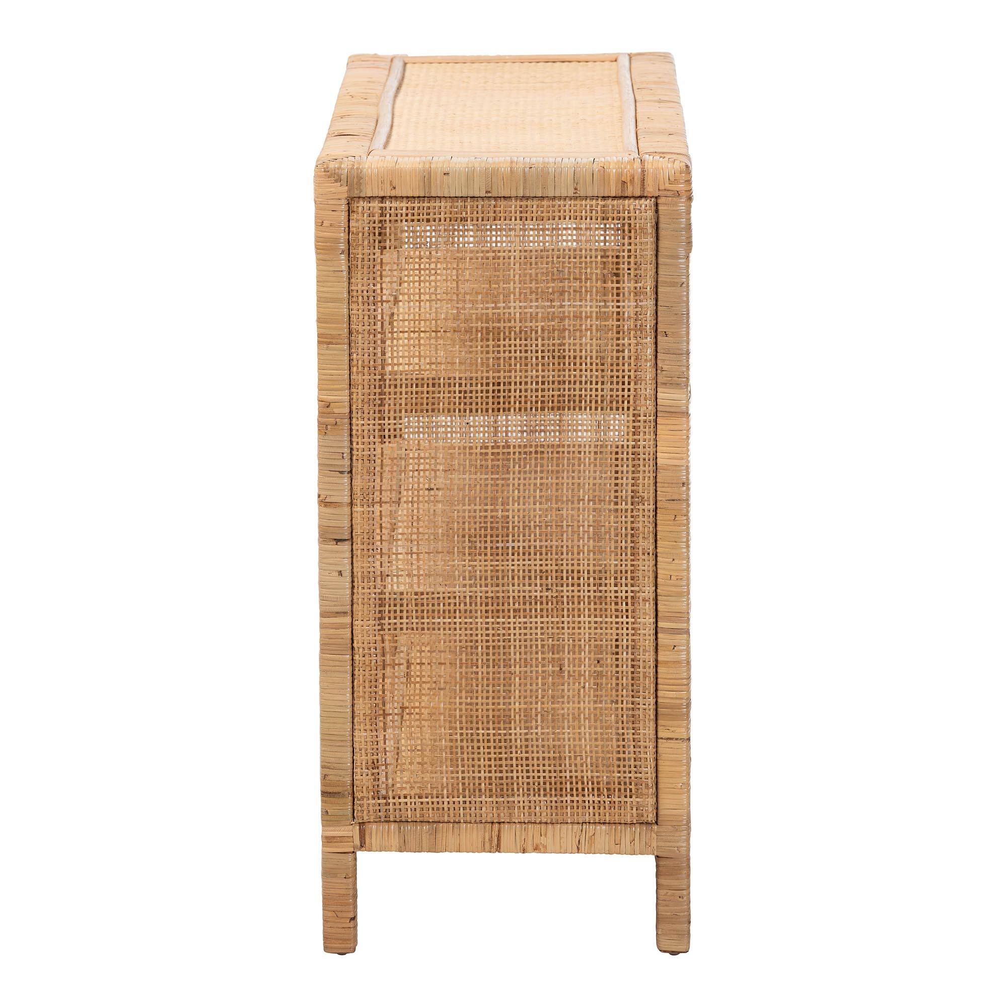 Left. bali & pari - Abelia Natural Rattan 4-Tier Display Shelf - Handwoven Boho Coastal Bookcase or Entryway Storage, Lightweight - Natural.