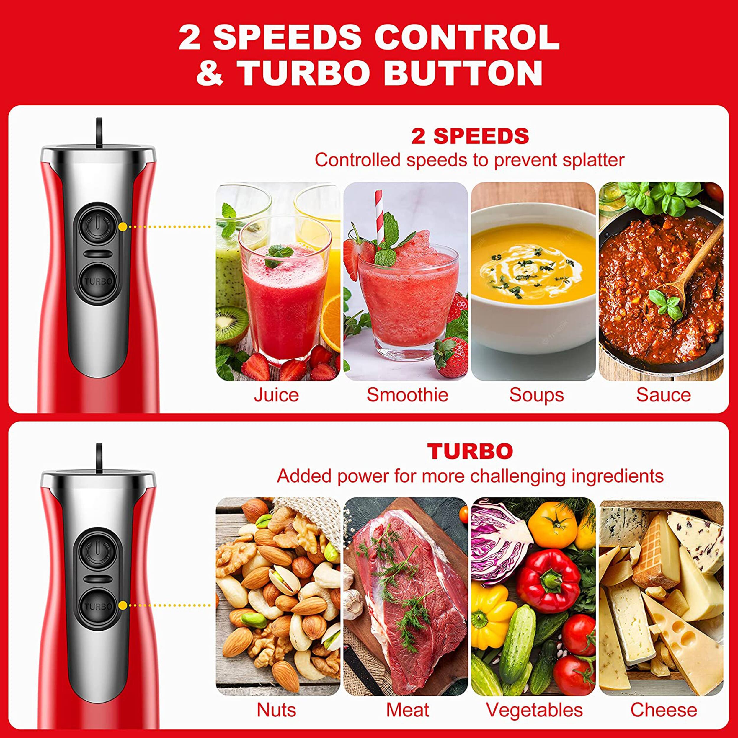 2 SPEEDS CONTROL & TURBO BUTTON

2 SPEEDS Controlled speeds to prevent splatter

TURBO Added power for more challenging ingredients