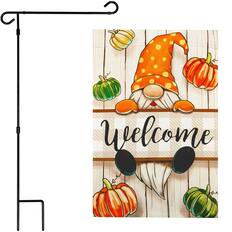 Front. G128 - Combo Pack: Garden Flag Stand 36 x 16 in & 12 x 18 in Double-Sided Autumn Welcome Gnome Flag. - Multicolor.