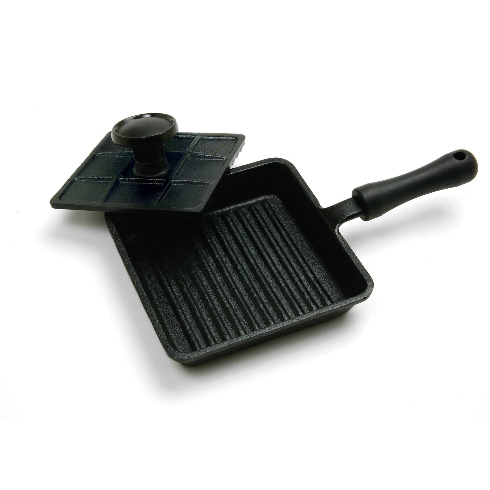 Front. Norpro - Pre-Seasoned Cast Iron Mini Panini Pan with Press, Black - Black.
