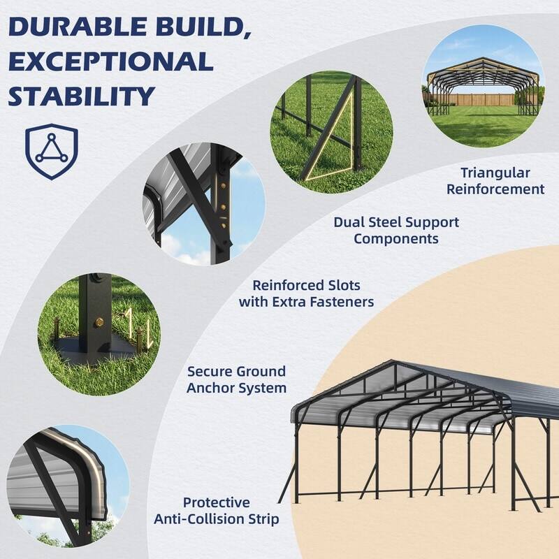 DURABLE BUILD, EXCEPTIONAL STABILITY

- Triangular Reinforcement
- Dual Steel Support Components
- Reinforced Slots with Extra Fasteners
- Secure Ground Anchor System
- Protective Anti-Collision Strip