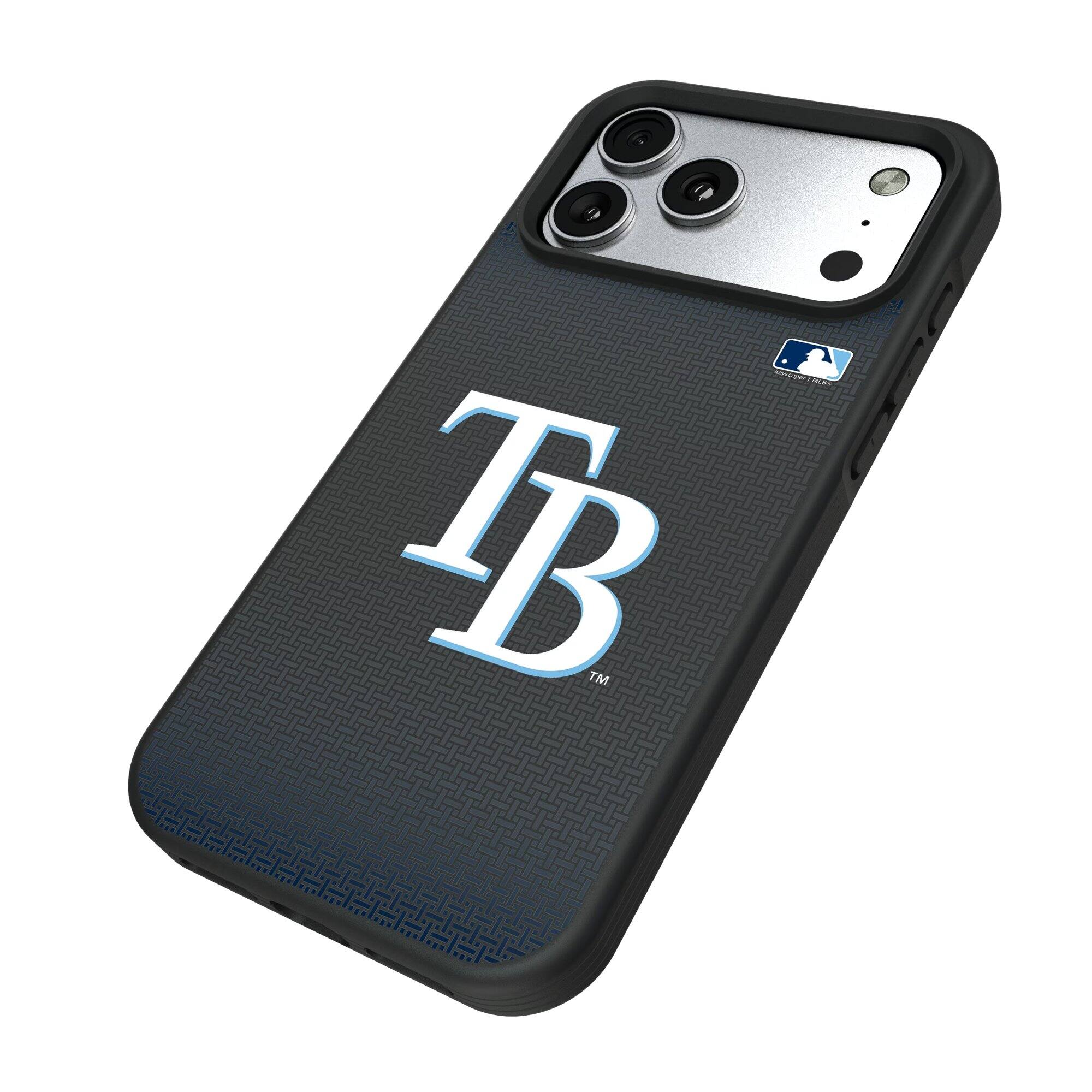 Alt View 1. Keyscaper - Tampa Bay Rays Linen Logo iPhone Bump Case - 14 Pro - Black.