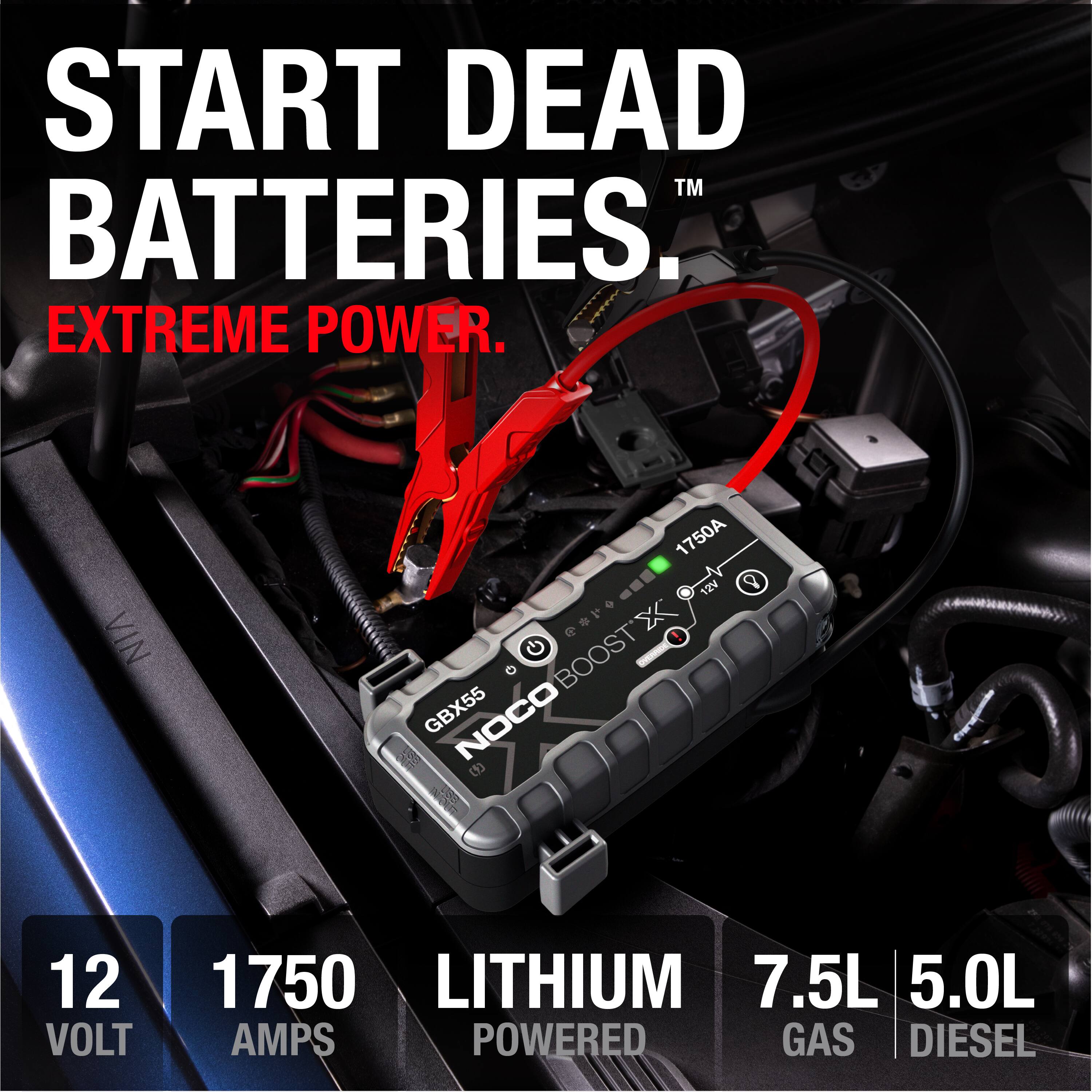 START DEAD BATTERIES™  
EXTREME POWER.  

12 VOLT  
1750 AMPS  
LITHIUM POWERED  

7.5L GAS  
5.0L DIESEL  

GBX55  
NOCO BOOST X