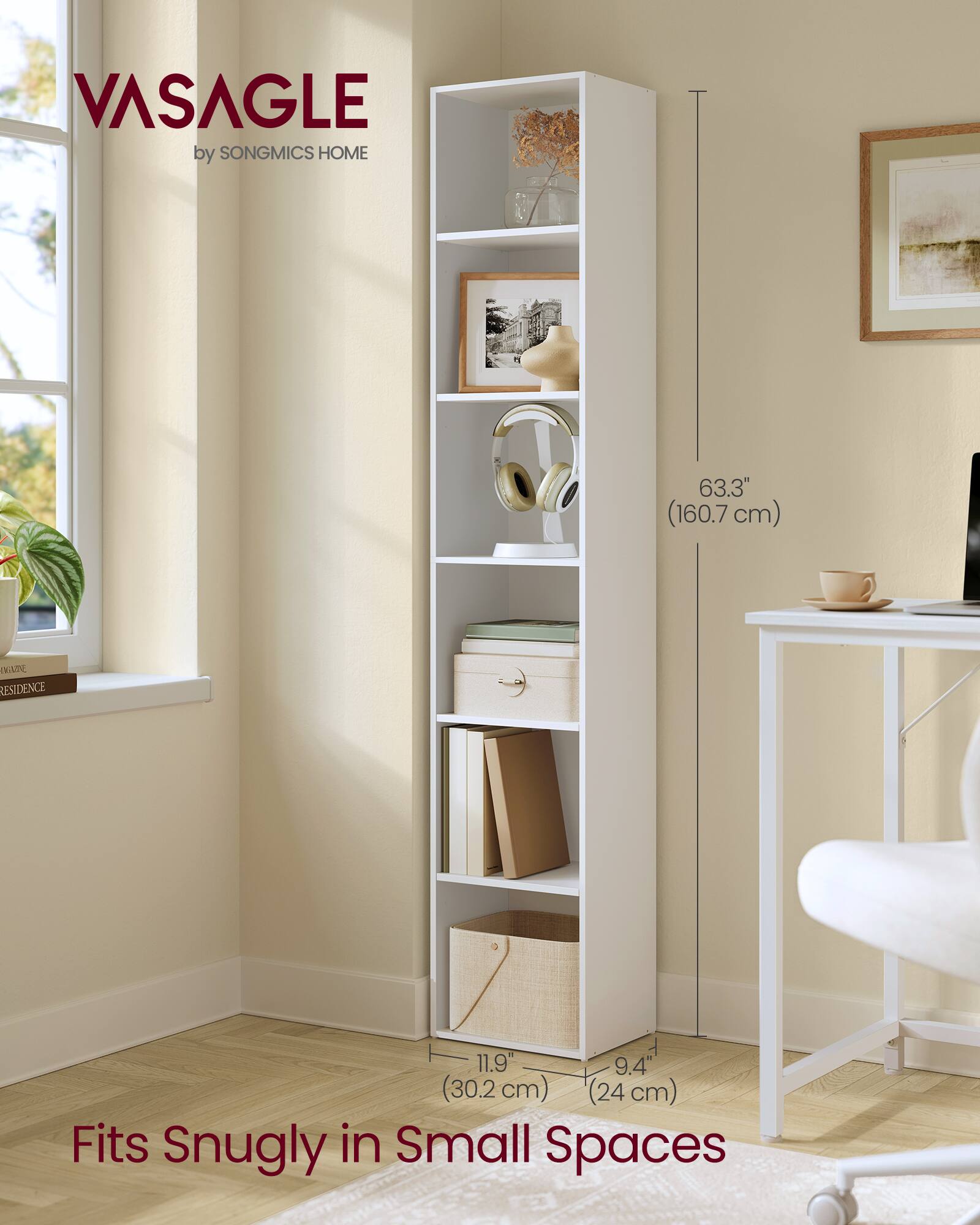 VASAGLE by SONGMICS HOME  
63.3" (160.7 cm)  
11.9" (30.2 cm) x 9.4" (24 cm)  
Fits Snugly in Small Spaces